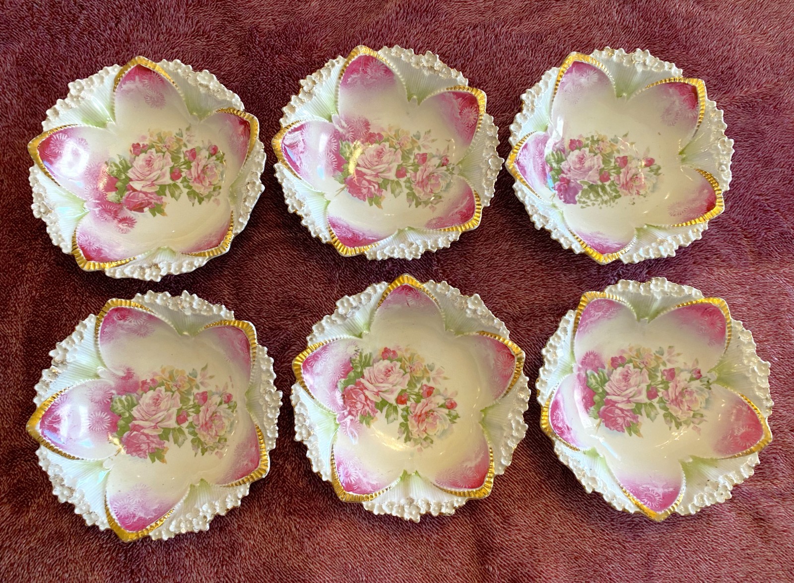 Antique RS Prussia Porcelain Serving & Berry Bowls Floral Pink Roses 7 PC Set