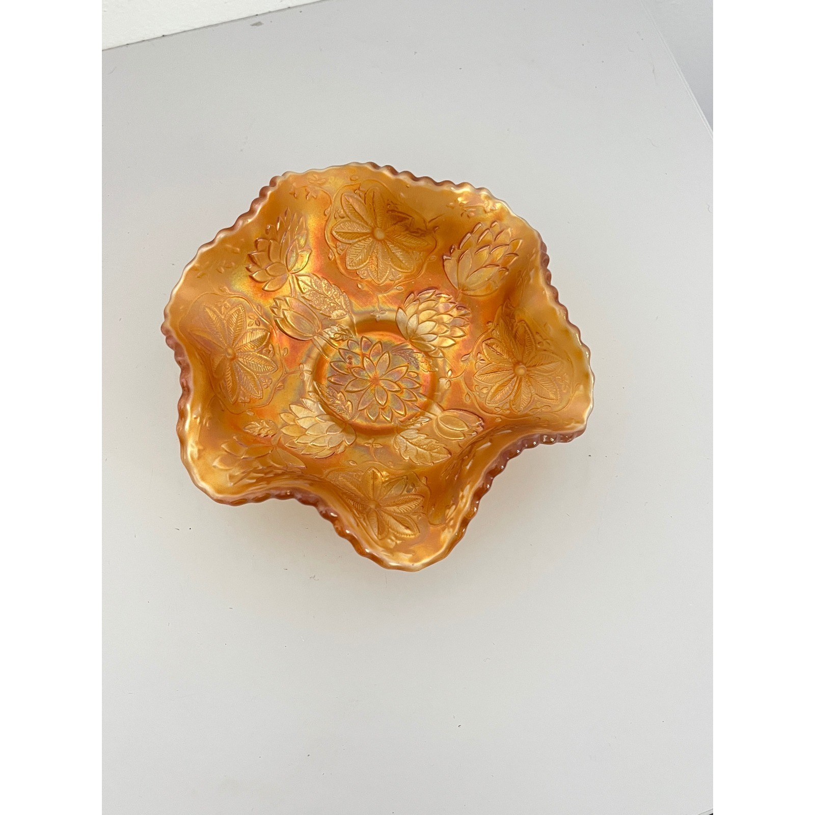 Fenton Carnival Glass Bowl Home Decor 7.5″ Marigold Iridescent Floral Footed