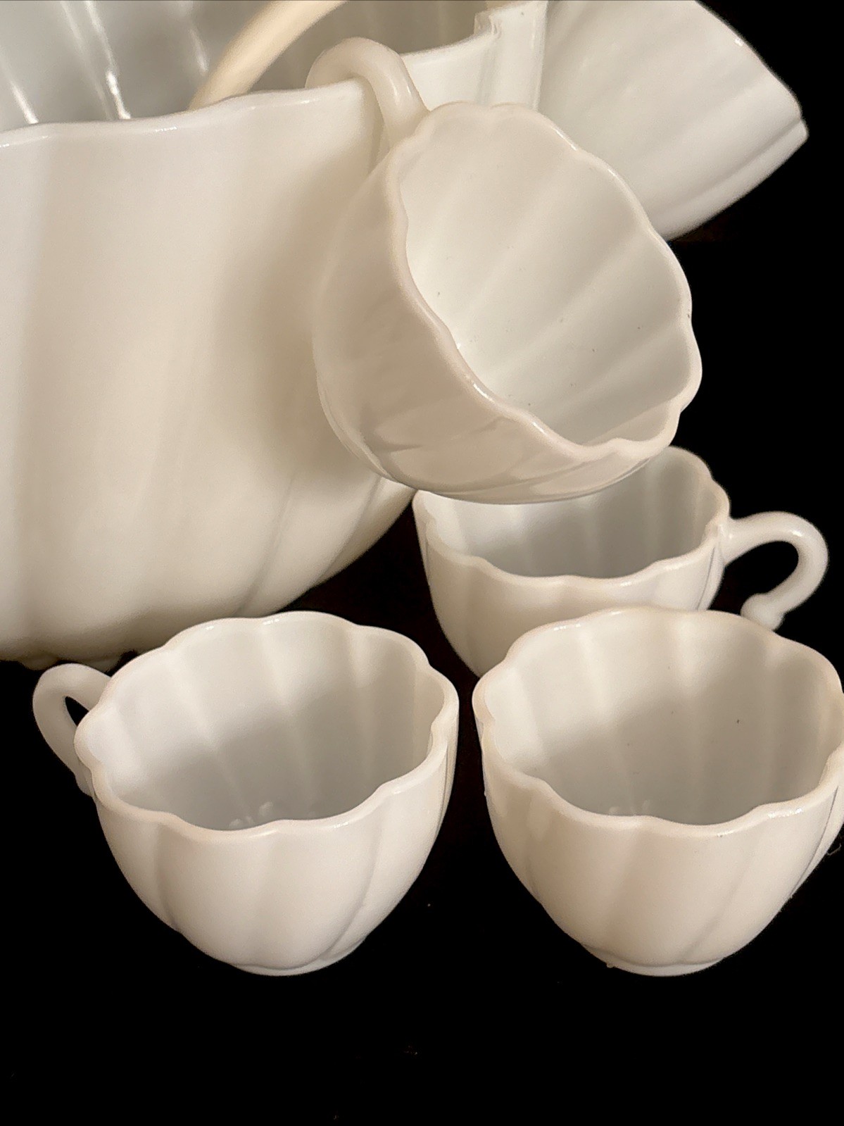 Vtg Hazel Atlas Milk Glass Alpine White Swirl Punch Bowl 12 Cups W Vtg Ladle