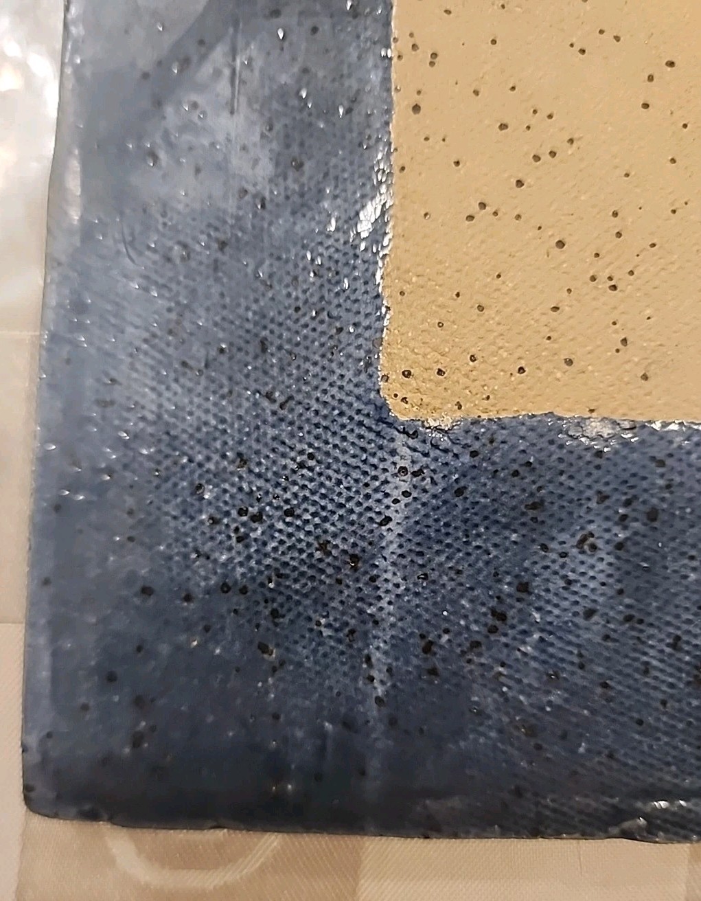 2 Studio Pottery Square Plates Hand Thrown Blue Tan Clay Stamped/Signed 9”, 5.6″