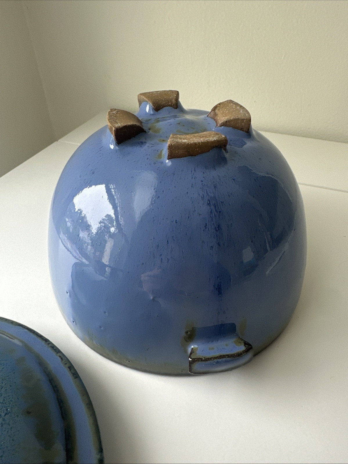 Vintage Studio Pottery Covered Bowl Blue Glaze Handmade Ceramic Dish