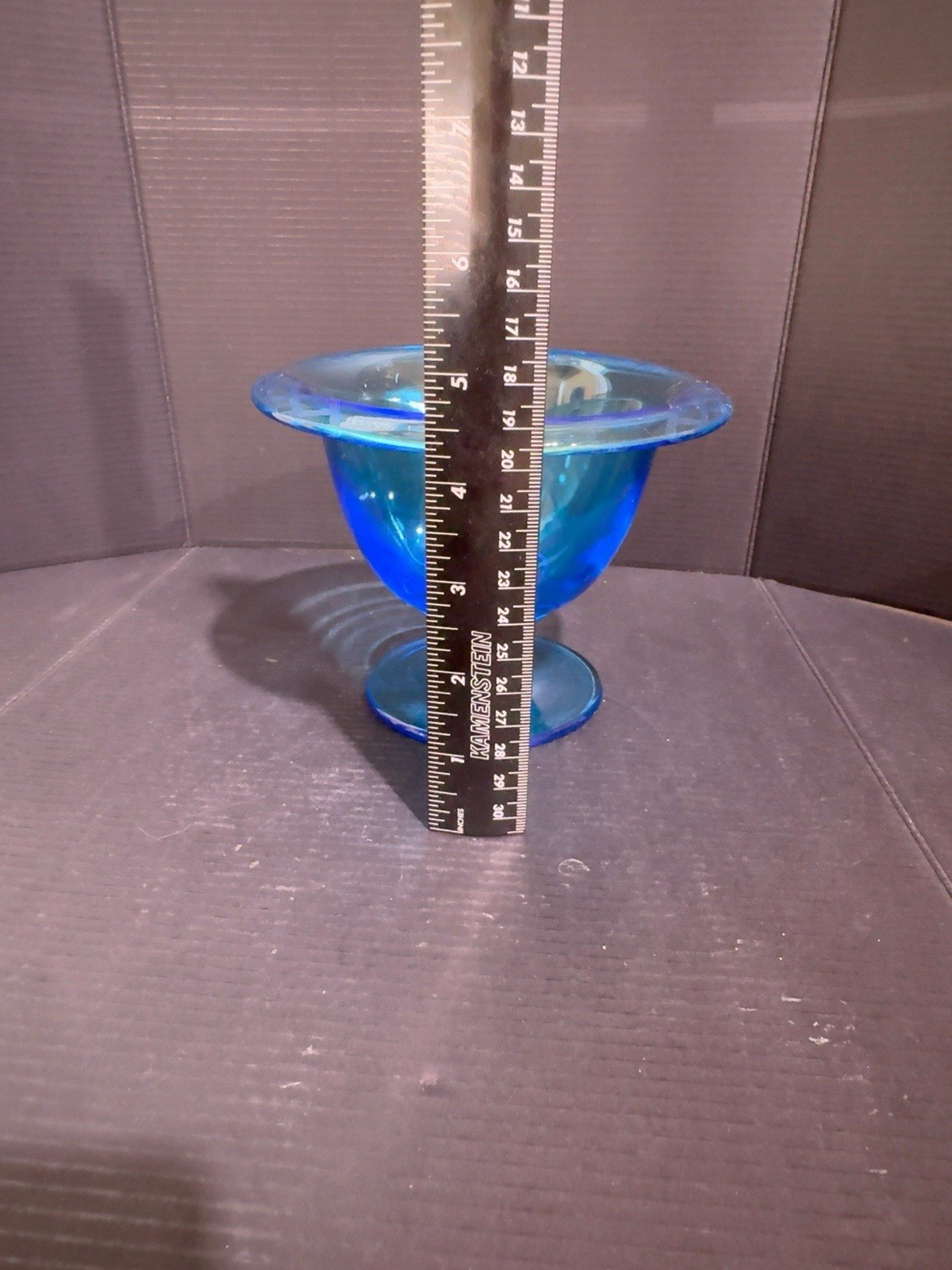 Hand Blown Cobalt Blue Art Glass Pedestal Compote Bowl Etched Iridescent Rim 6”