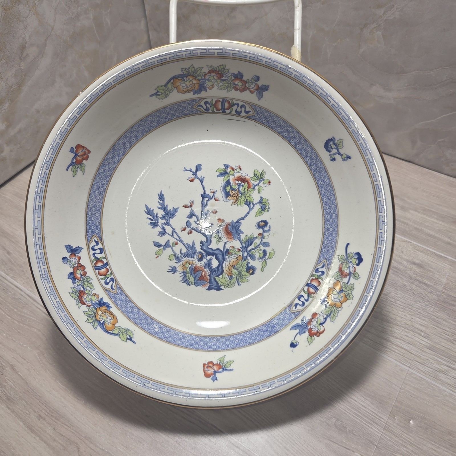 7″ Soup Bowl Indian Tree Porcelain China Dinnerware Blue Rust Greek Key Gold Rim