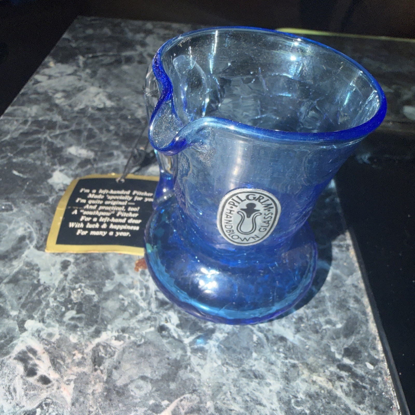 VTG Hand-Blown Cobalt Blue Crackle Glass Pitcher Creamer Applied Clear Handle