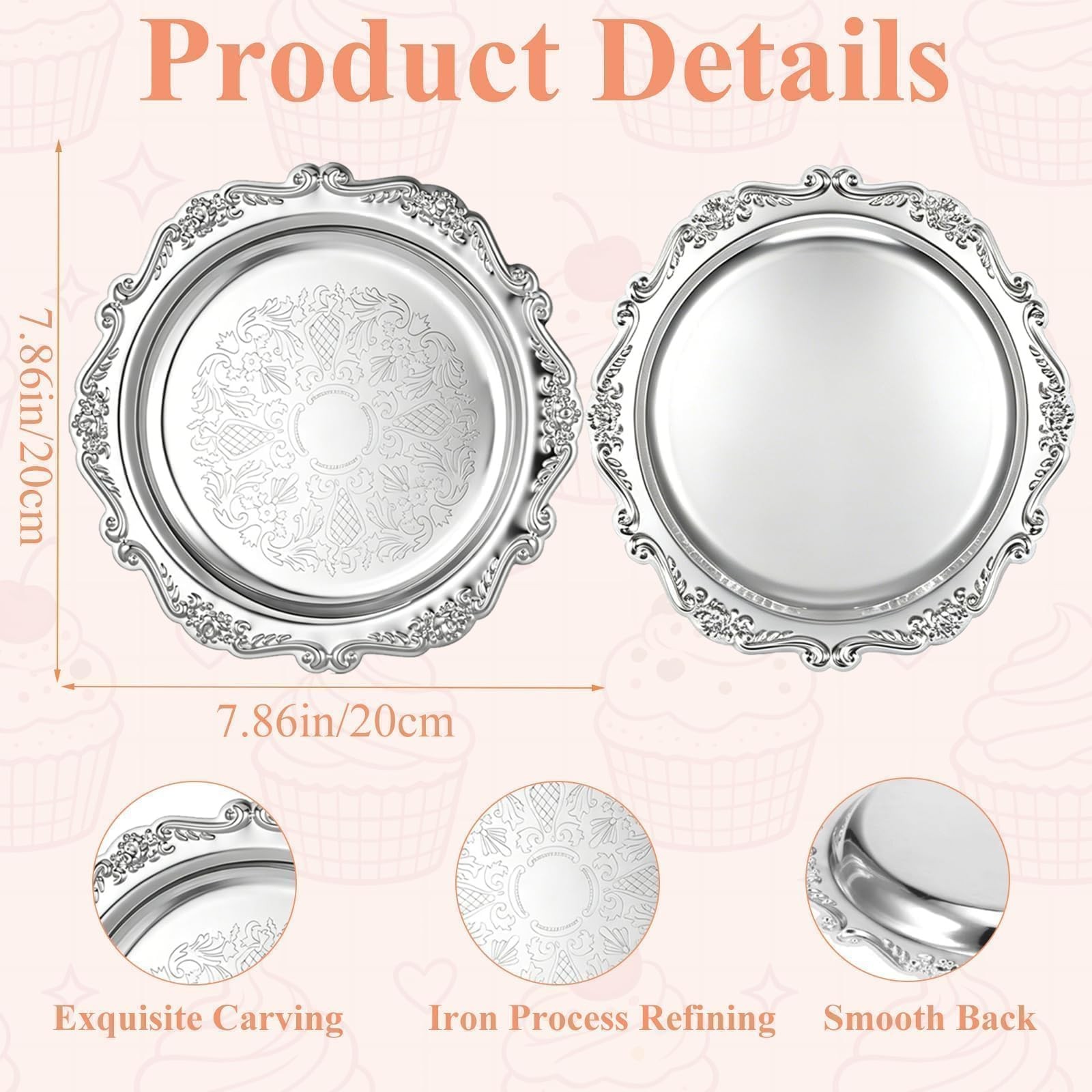 2PCS Silver Round Serving Trays for Party,Floral Engraved Serving Platters Vi…
