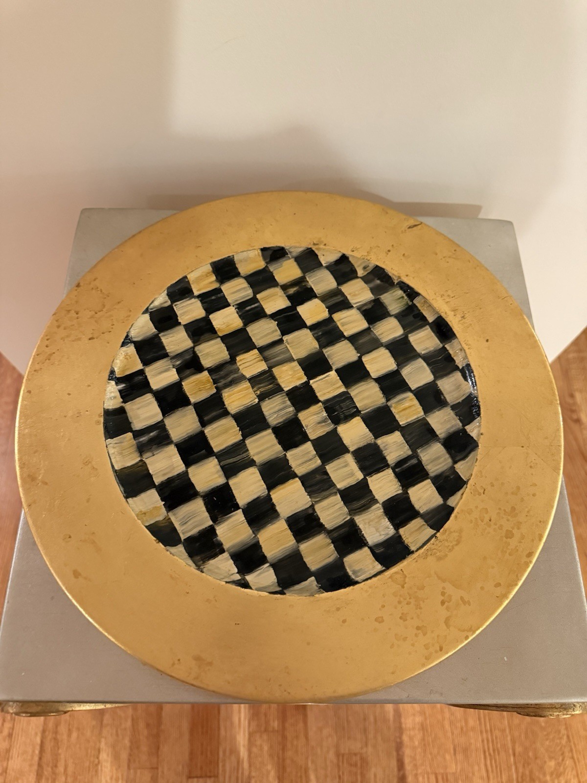 Mackenzie Childs Courtly Check Circus Glass Cake Dome and Wood Underplate