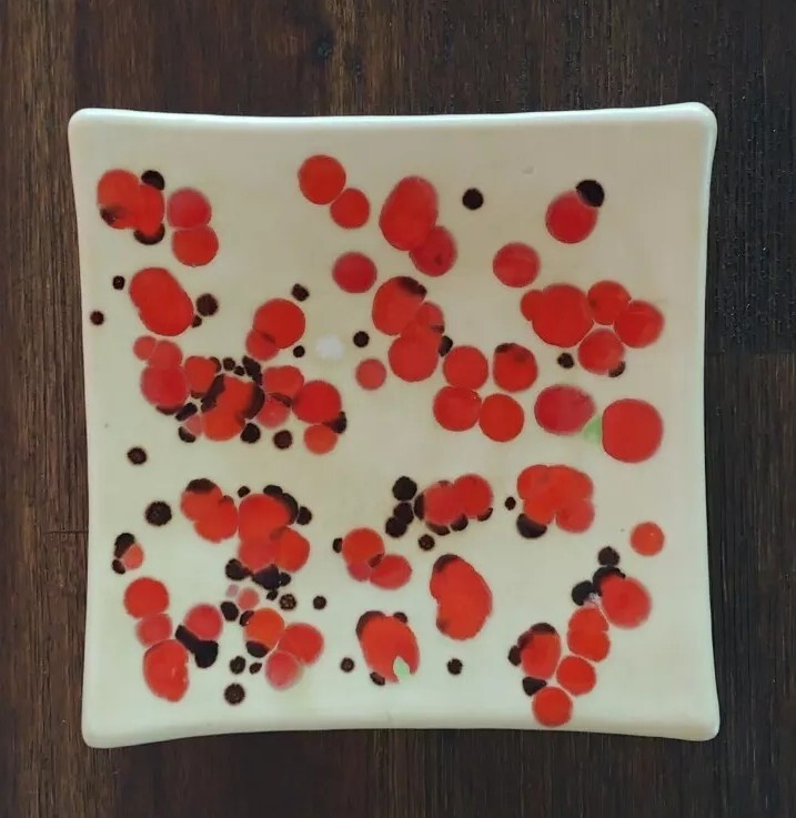 MCM Handmade Studio Art Pottery Curved Square Dish Orange Spotted Glaze 6.25 in²