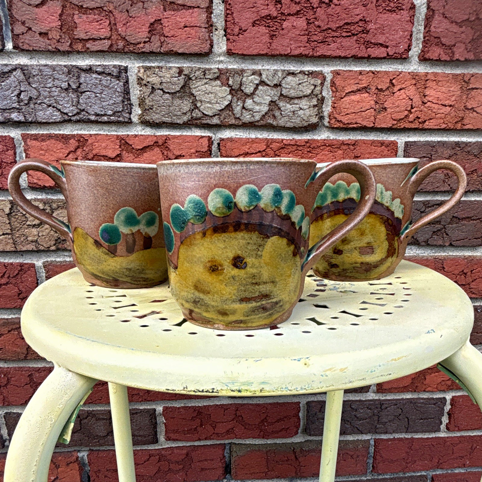 Set of 3 Signed Art Pottery Stoneware Mugs Brown Green Scenic Incised Mark