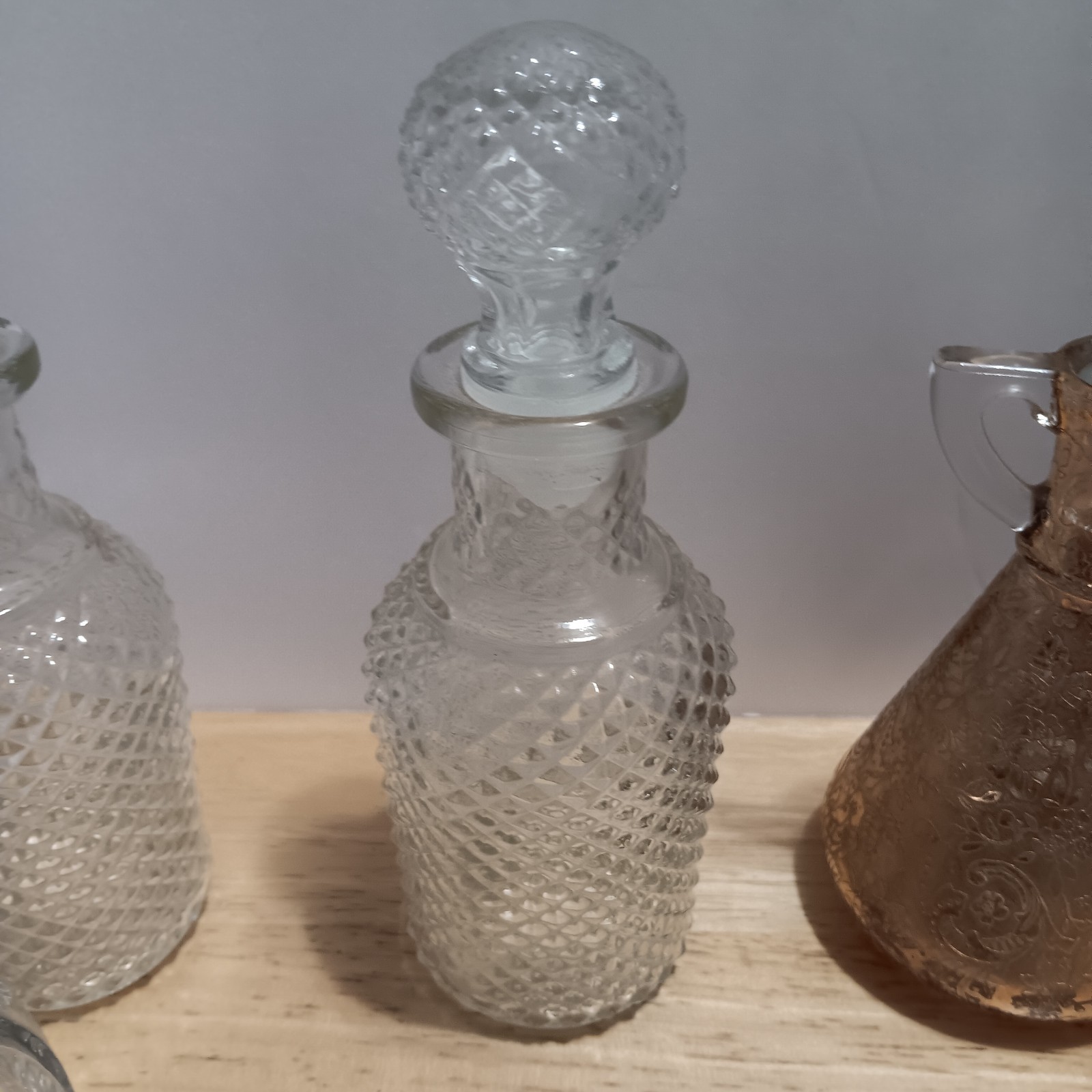 Lot of 9 Vintage Antique Glass Cruets & Decanters with Stoppers Mixed Patterns