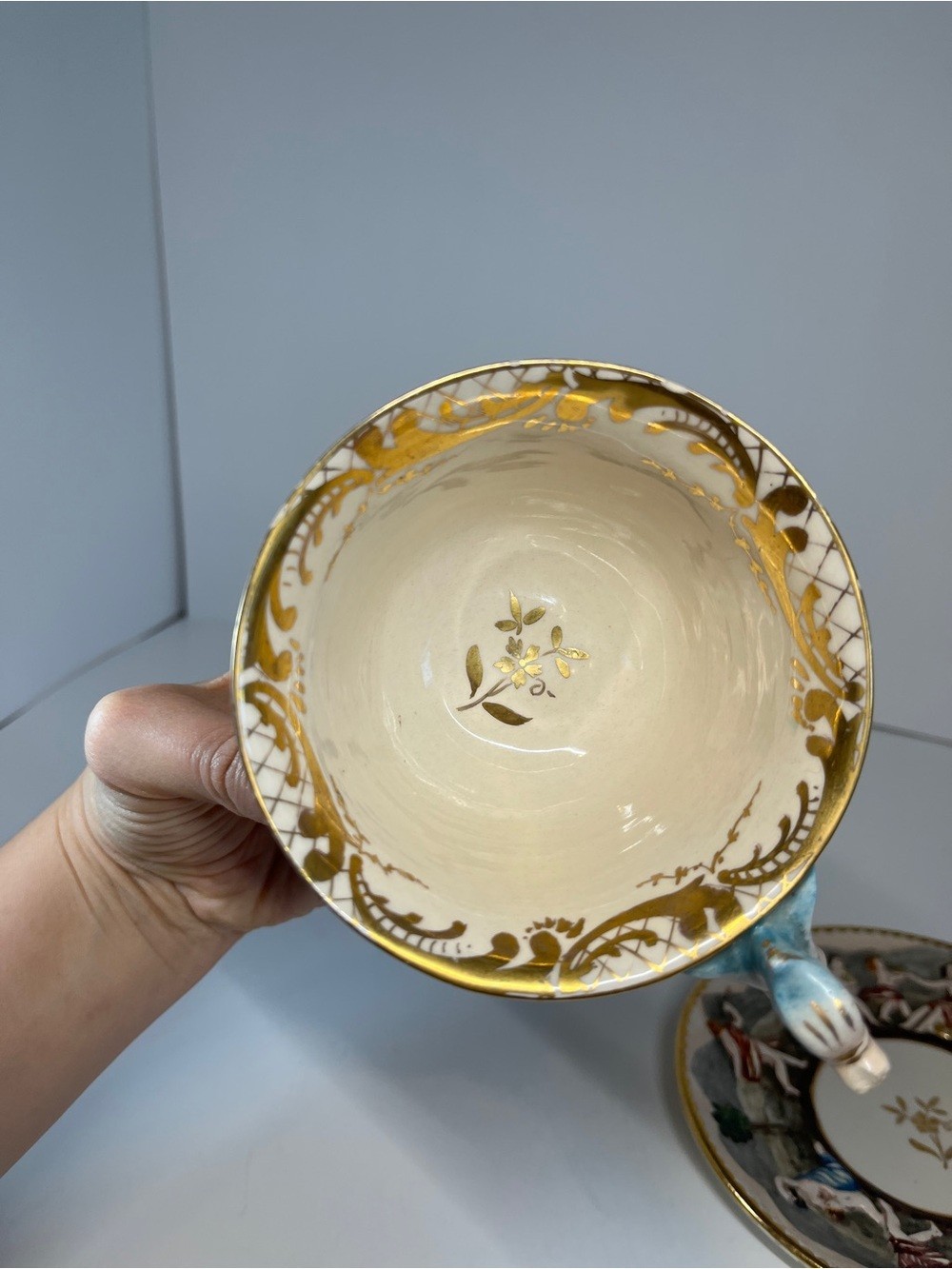 Vintage Capodimonte Italy Demitasse Teacup & Saucer MAS Cherub Dragon Handle MCM