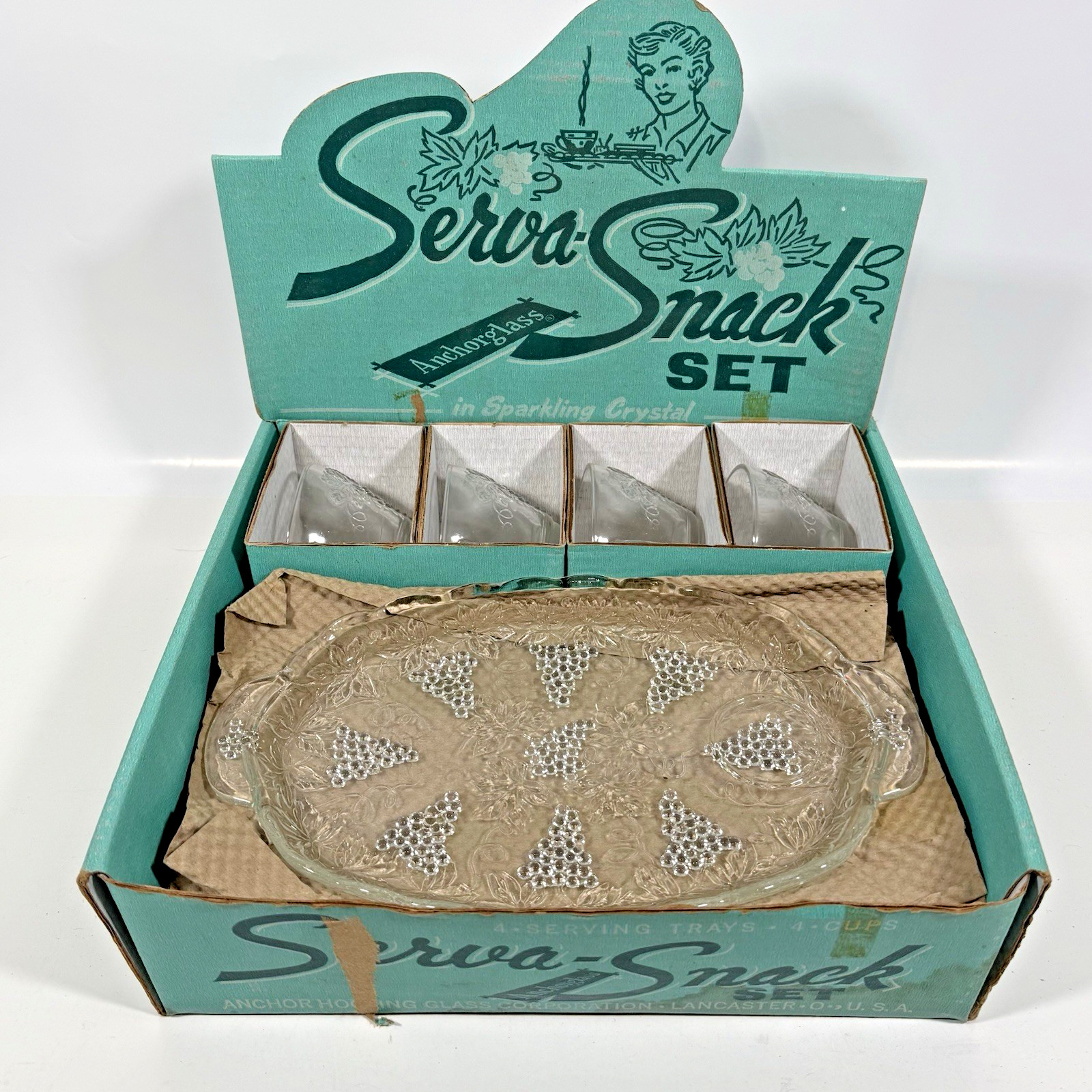 Anchor Hocking Serva-Snack Set 8pc Clear Glass Grape Pattern Vintage Boxed Set