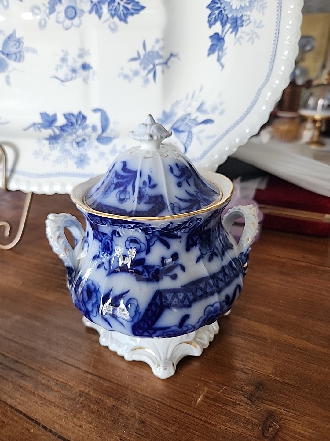 Rare Flow Blue Sugar Creamer And Bowl Trio Set Asian Motif Gold Band
