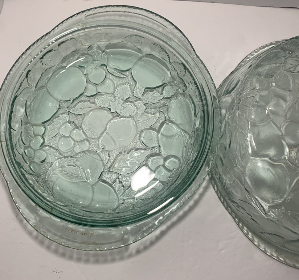 Sale Vintage Libbey Orchard Fruit Green Glass 3 QT Casserole Baking Dish Pie Lid