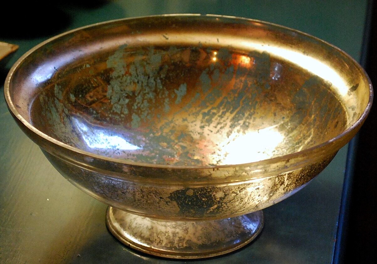 Antique Victorian SILVERED MERCURY GLASS BOWL Pedestal Base HAND BLOWN 9.25″