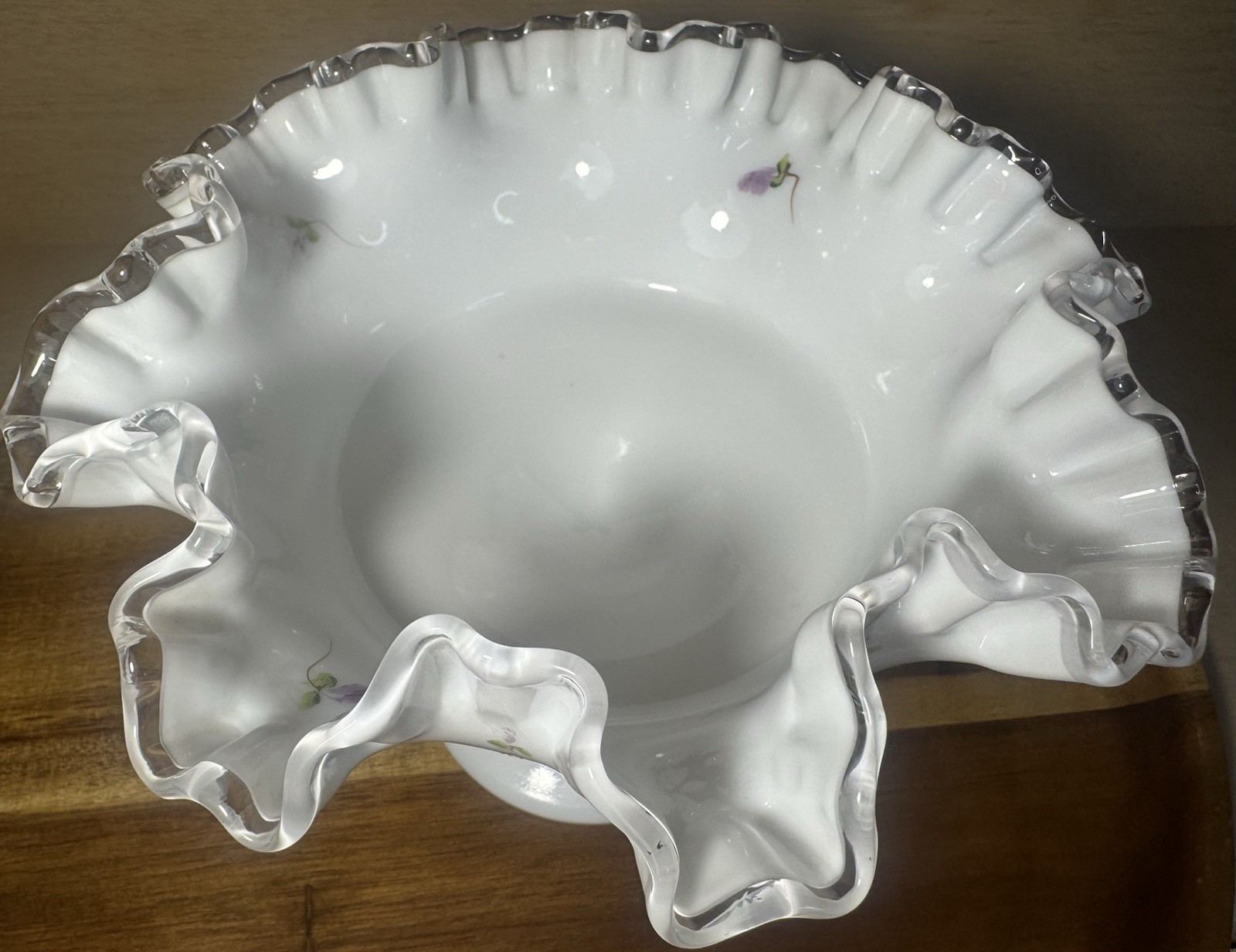 Fenton Violets Snow Milk Glass Ruffled Crest Pedestal Compote Candy Dish 8″ x 6″