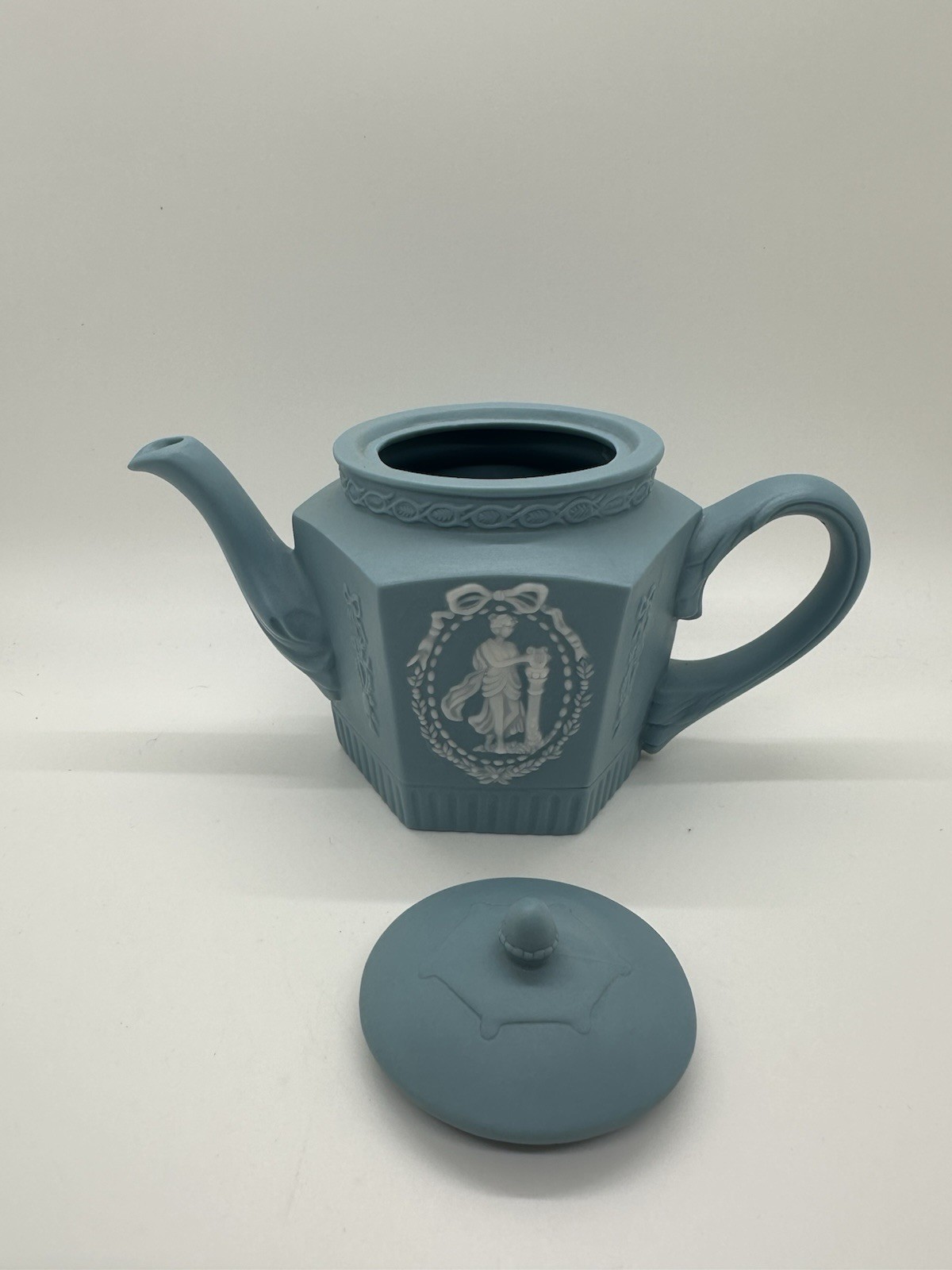 Vintage Powder Baby Blue & White Teapot Neoclassical Cameo Style Ribbon Bow