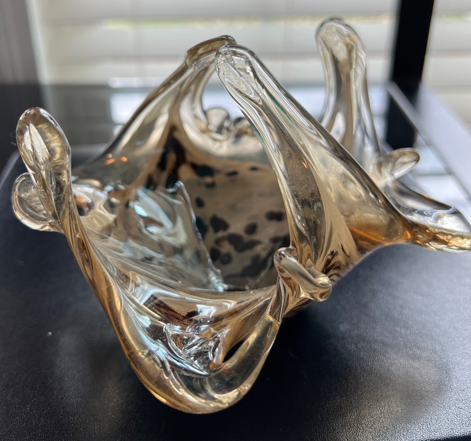 Finger Art Glass Small Bowl Light Neutral Gold Black Spots Swirl 6″ x 5″ Candy
