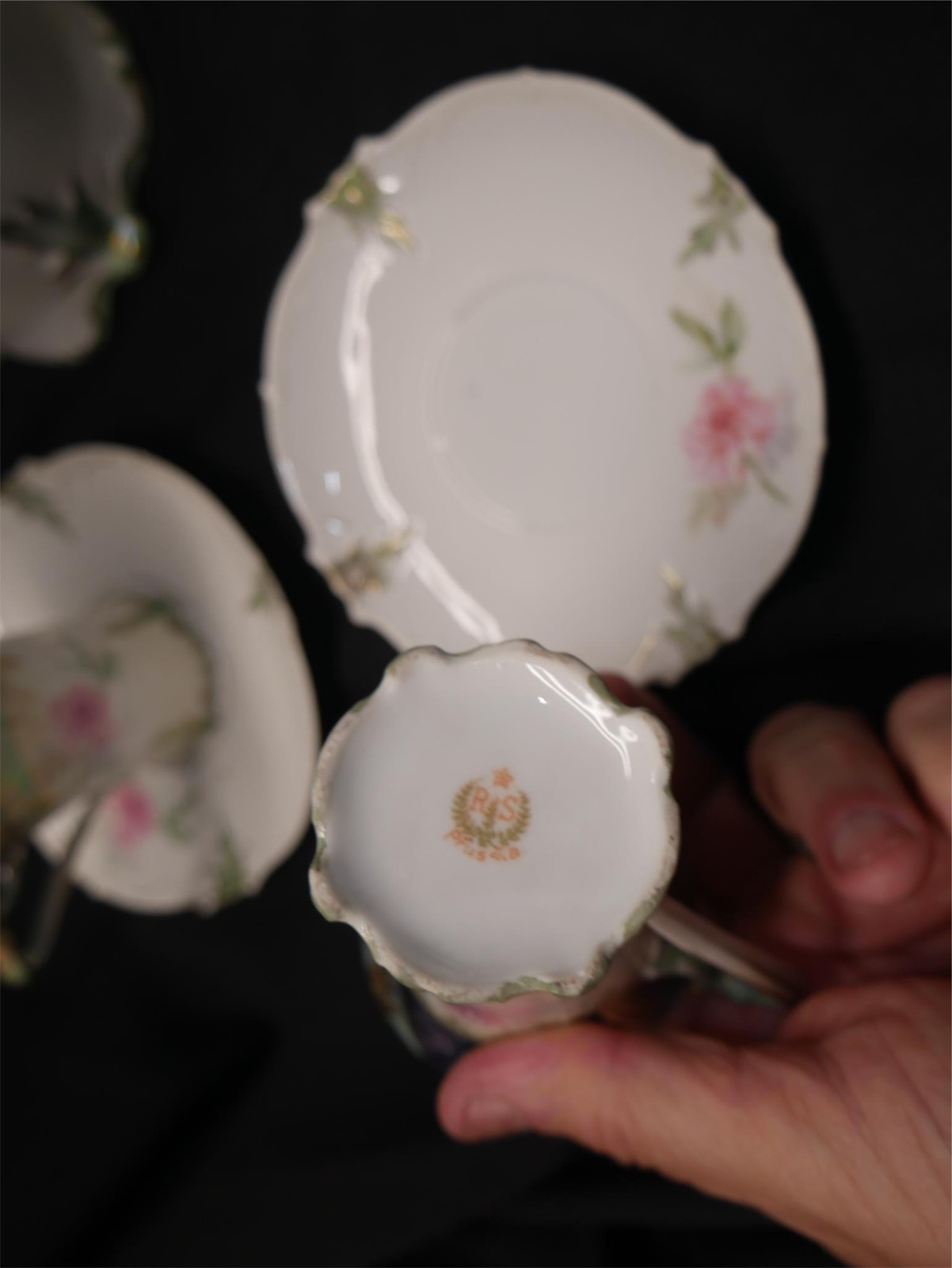 11pc ANTIQUE RS PRUSSIA hand painted FLORAL GOLD CHOCOLATE POT CUP & SAUCER set