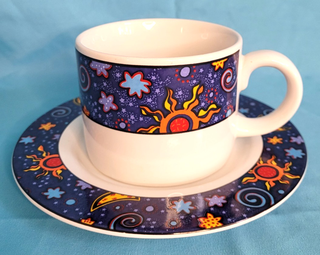 Sakura Celestial Cup and Saucer Set Stoneware 1992 White Multi-color Very Good