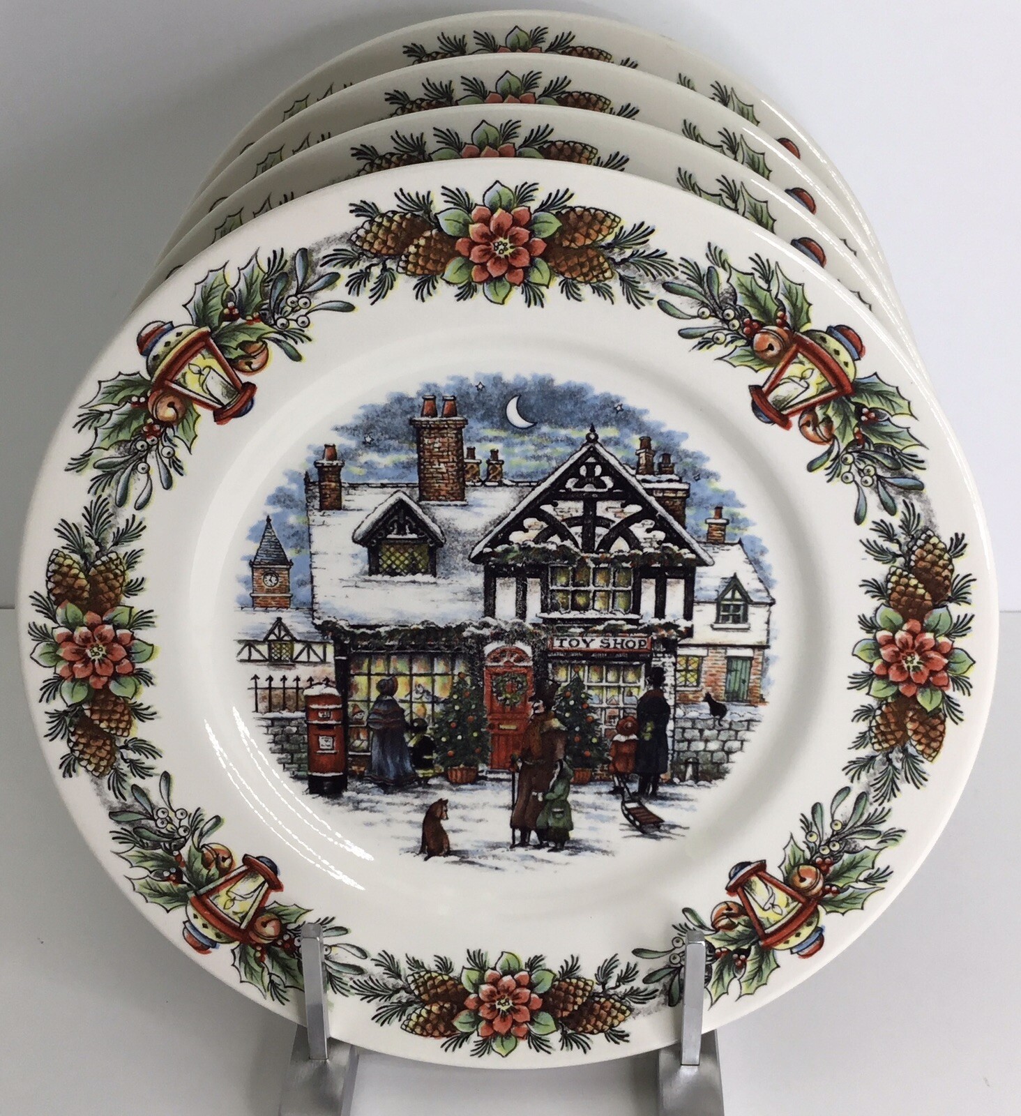 4 Royal Stafford Dinner Plates 11” Christmas Toy Shop Winter Snow NEW