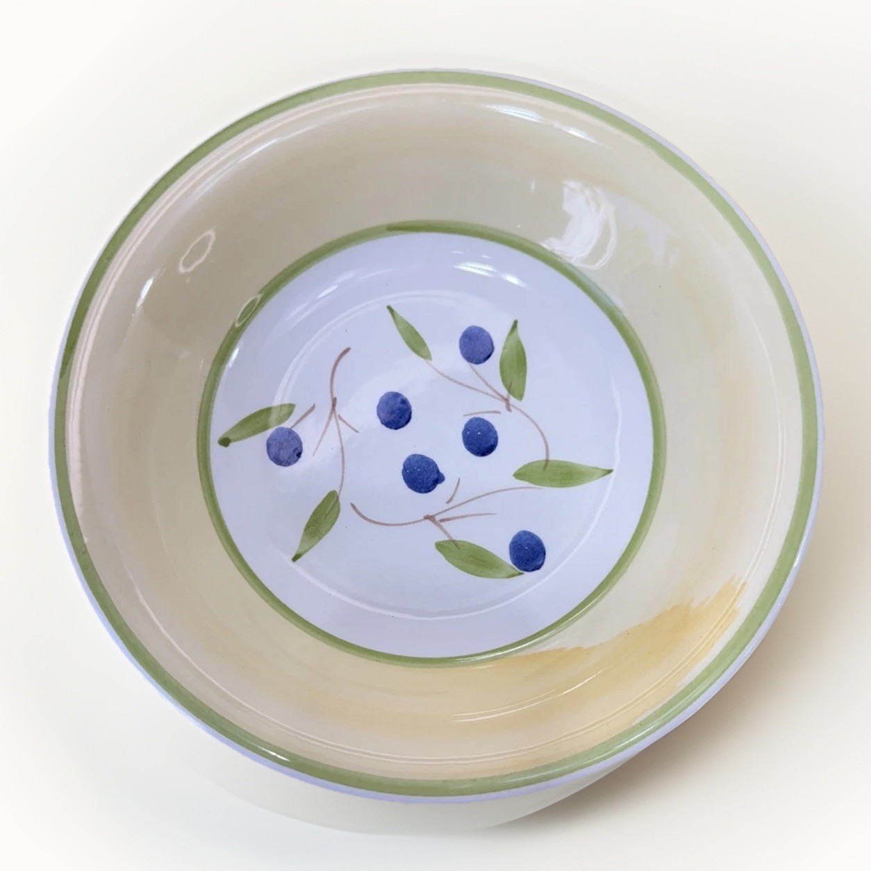 Vintage CMS Italy Hand Painted Blue Berry Bowl 8.25” Yellow Green Rim