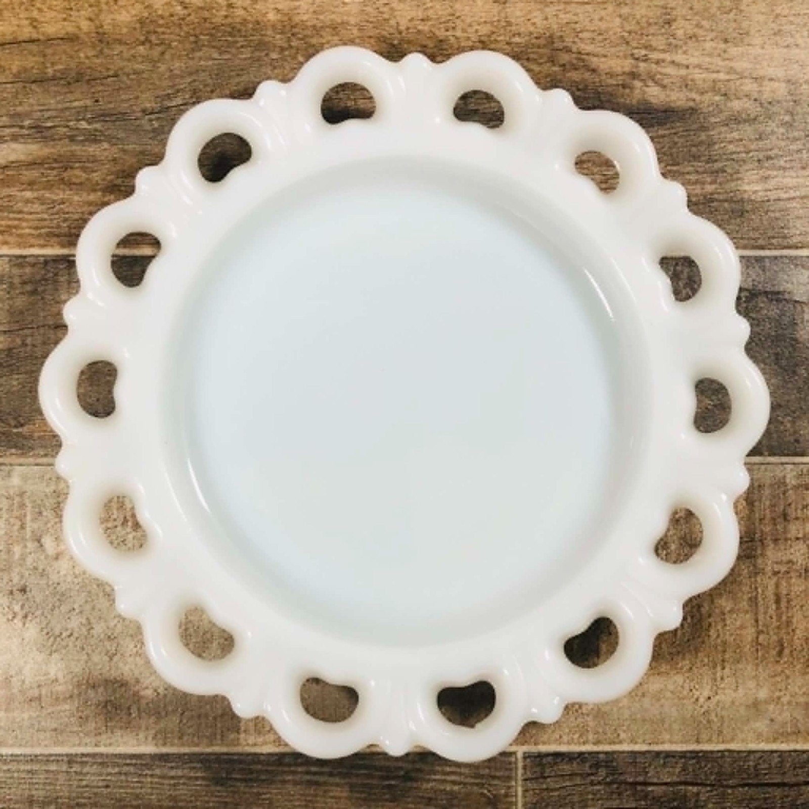 Vintage Anchor Hocking Milk Glass Open Lace Heart Border Plates Set of 5
