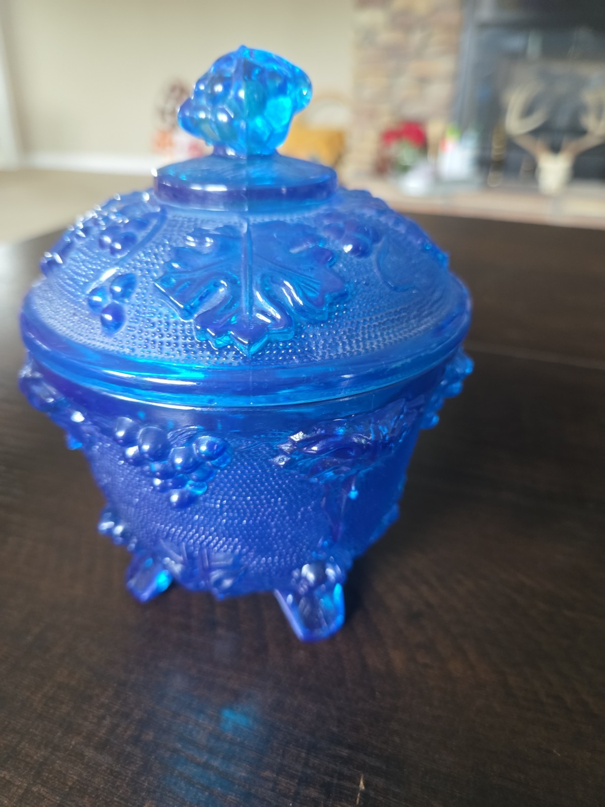 VTG 1950s Jeanette Glass Footed Covered Cobalt Blue Candy Dish Grape Leaf