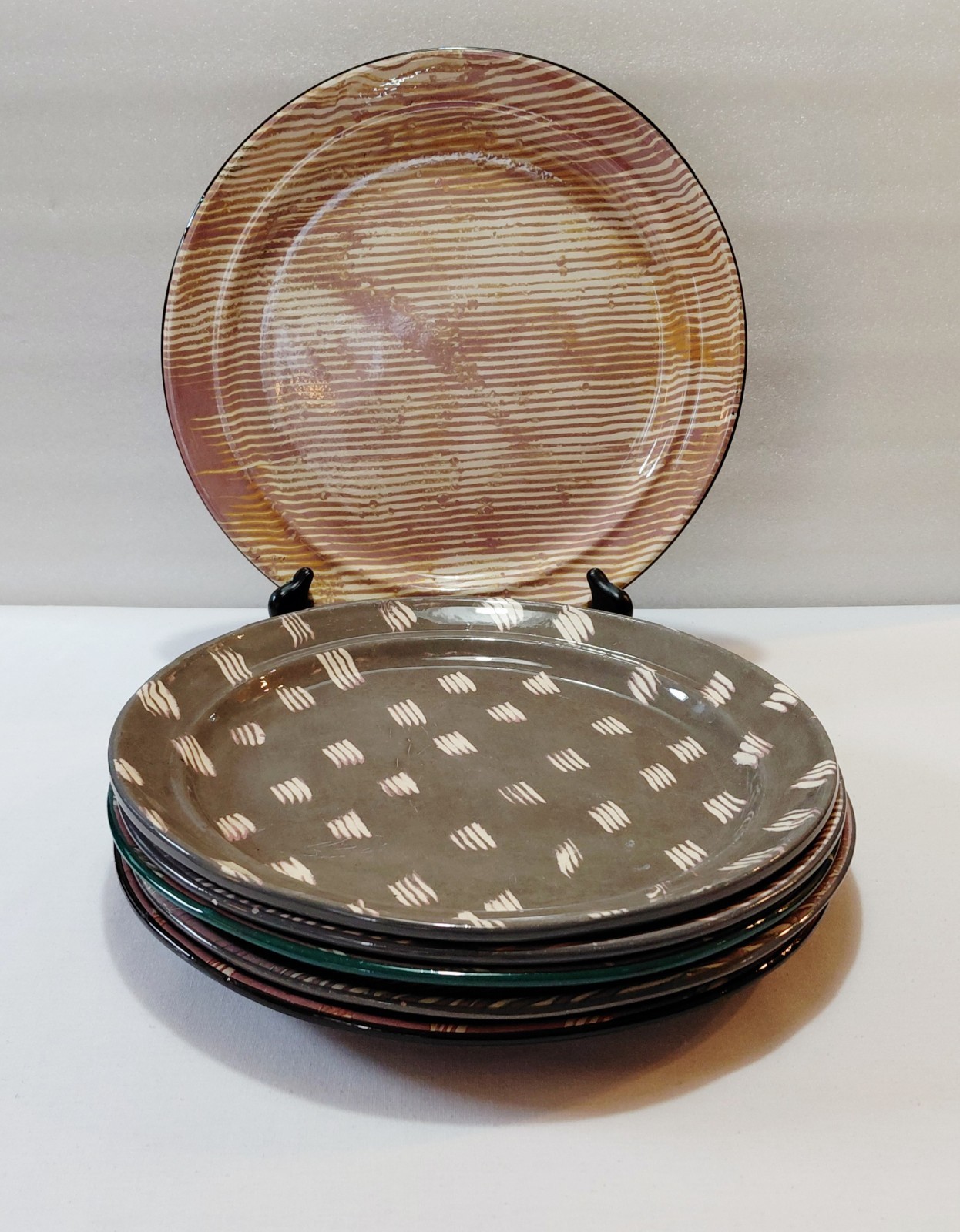 Claudia Reese Dinner Plates 11 1/4″ Abstract Cera Mix Post Modern Pottery Vtg 6
