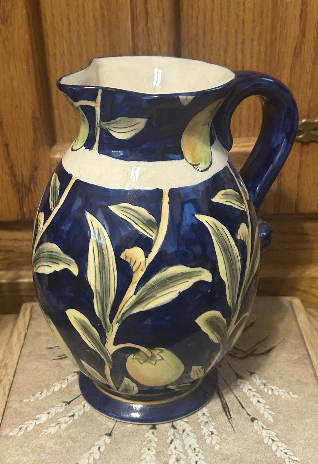 Dept. 52 – Handpainted Cobalt Blue Ceramic Pitcher, Yellow Fruit