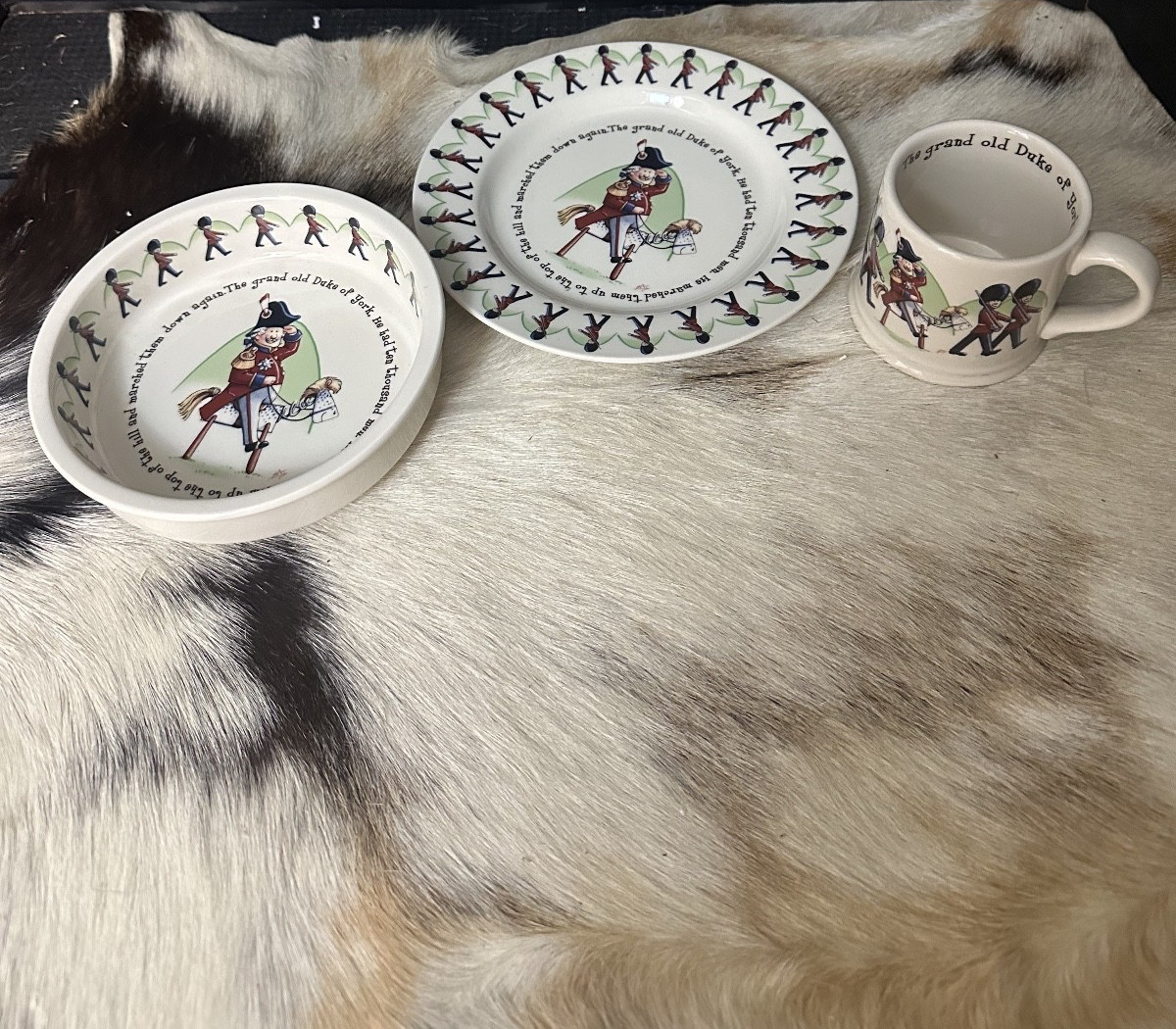 1890 Anderton Pottery England “Grand Old Duke of York” 3-Pc Plate/Bowl/Mug EUC