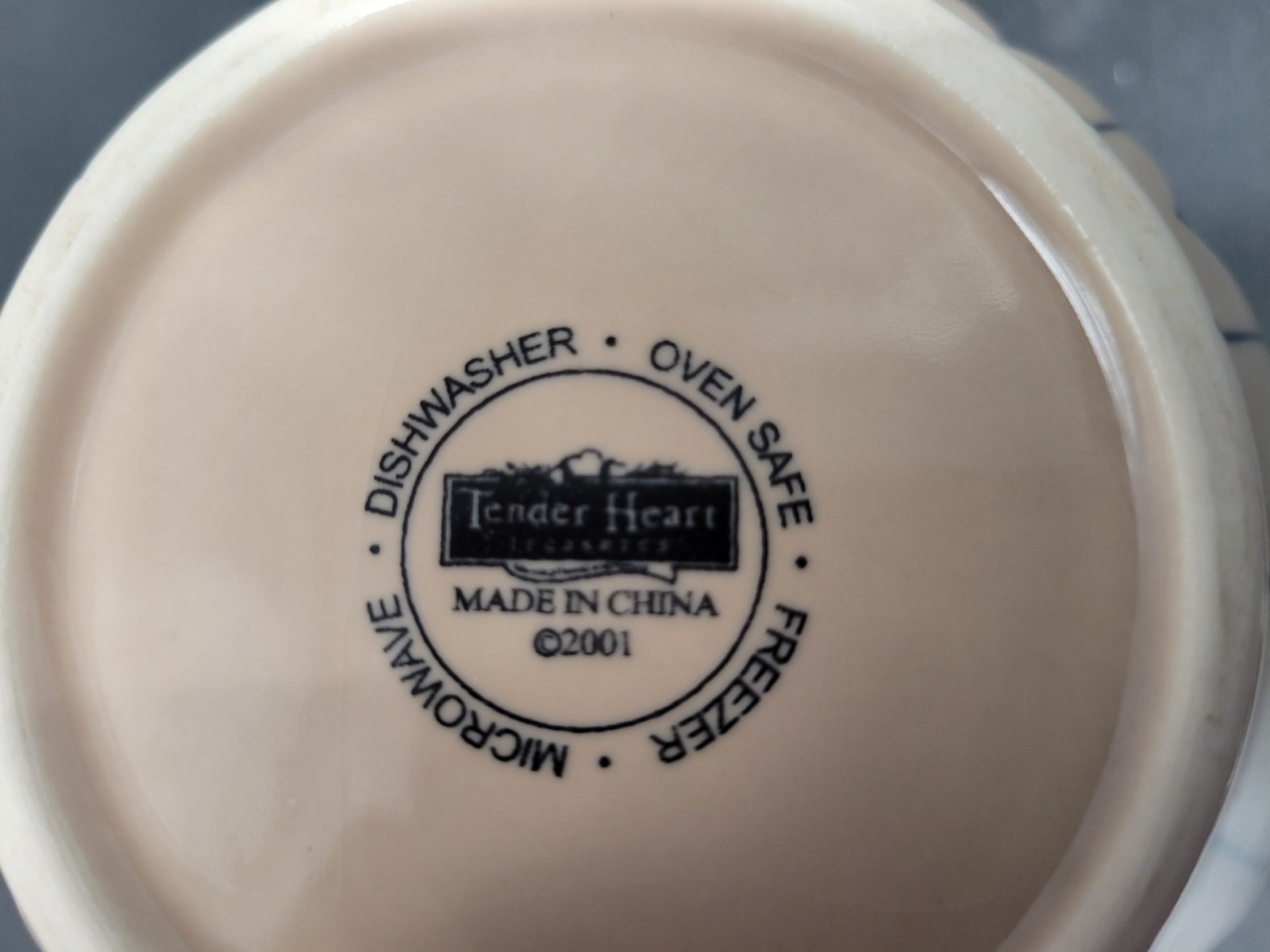 2001 Tender Heart Treasures Blue Tan Mixing Serving Bowl Floral Leaf Ceramic