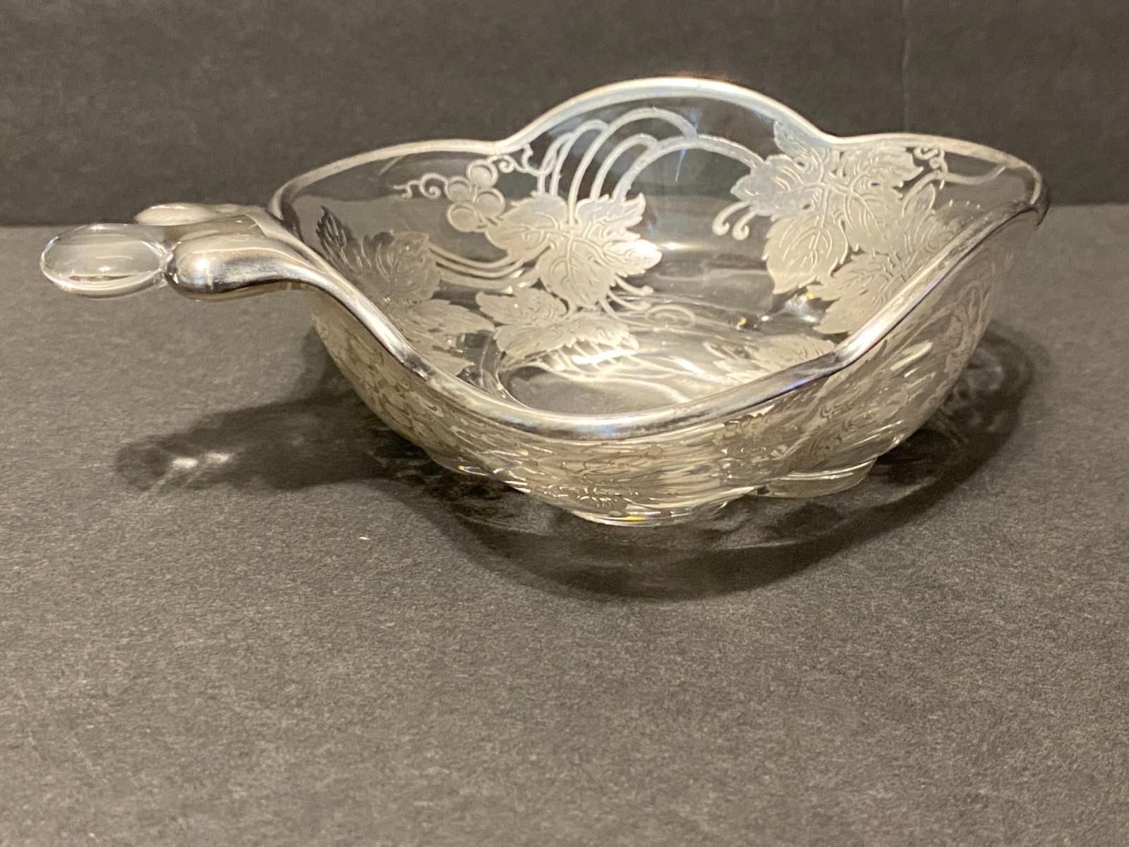 Vintage Silver Overlay Glass Candy Nut Dish Grape Vines Leaves Grapes