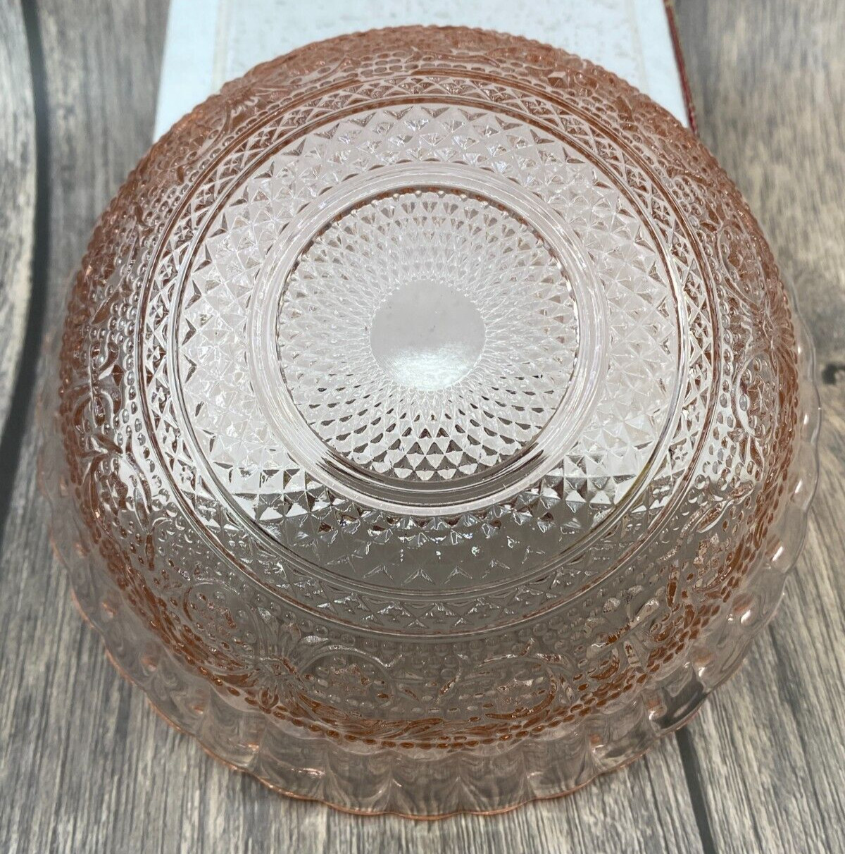 Trellis Pink Fleur De Lis Pattern Glass Bowl by KIG Indonesia 6.75 in diameter