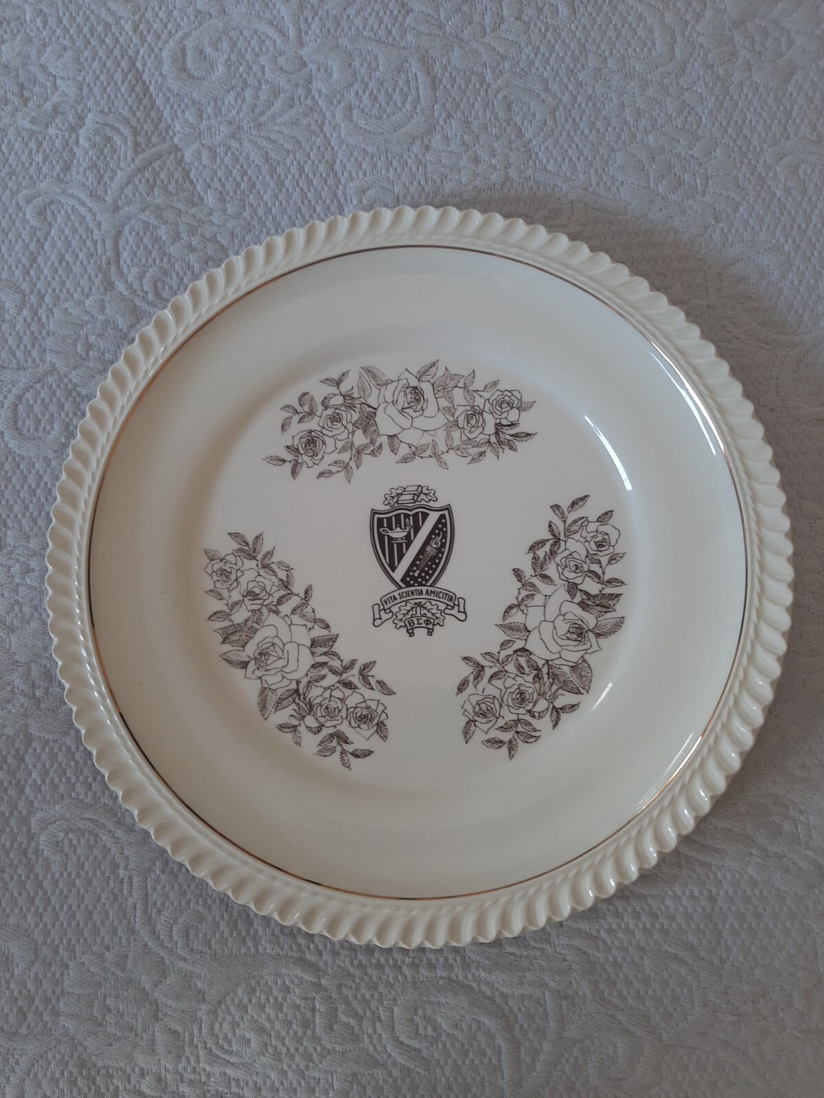 BETA SIGMA PHI Sorority Keepsake White Floral Porcelain Plate 10” Diameter