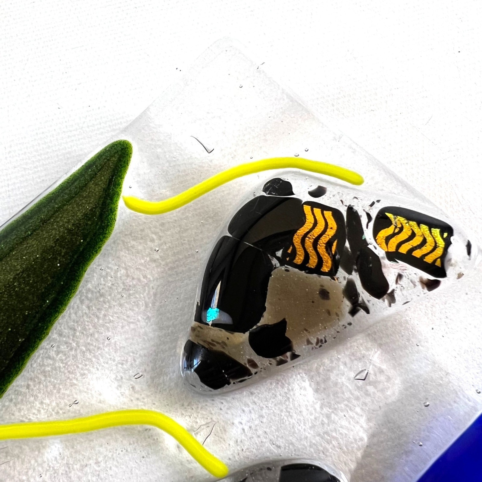 Small Fused Glass Trinket Jewelry Soap Dish Cobalt Black Yellow 4.5×4.5