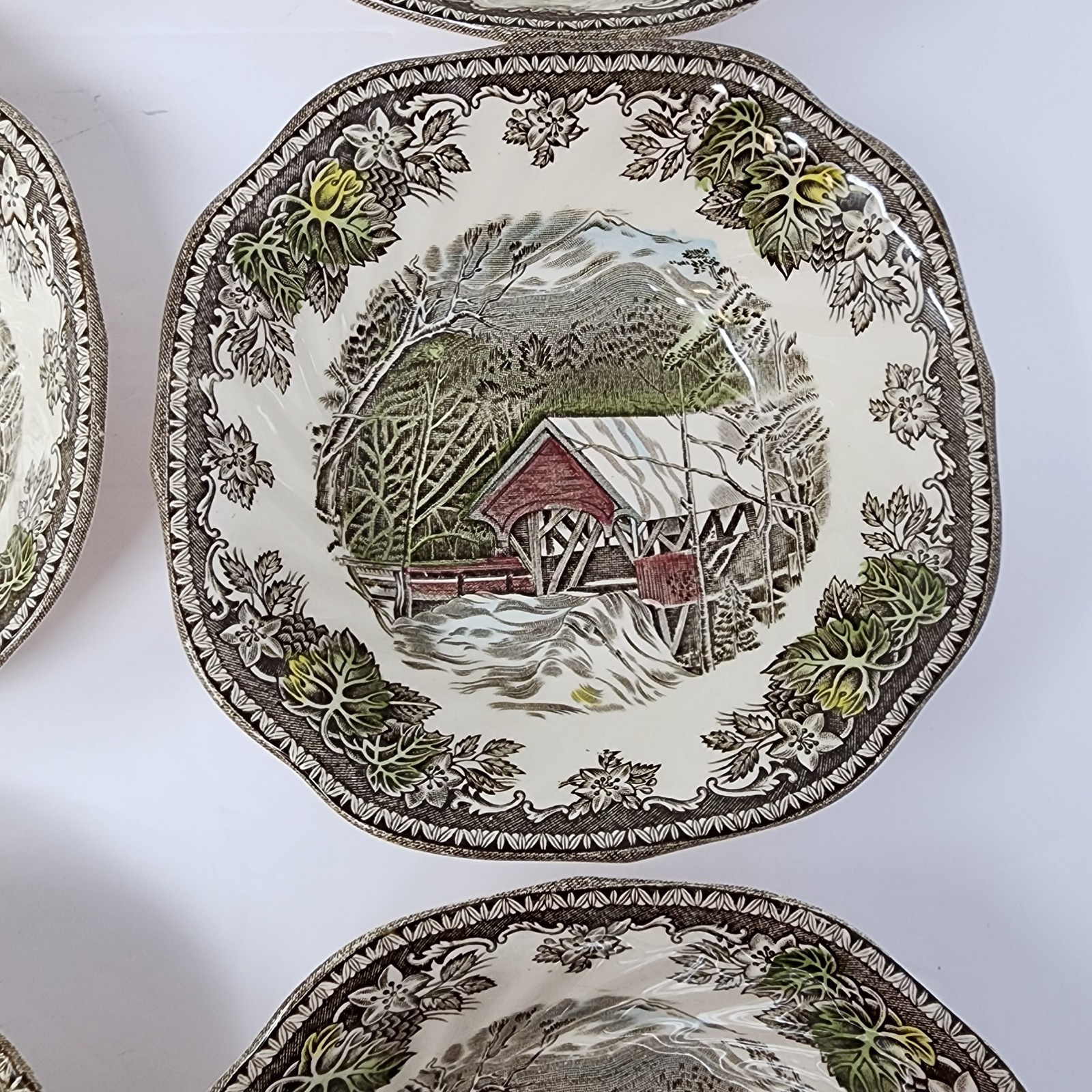 Friendly Village Johnson Brothers Covered Bridge Square Salad Dessert Bowl Set 9