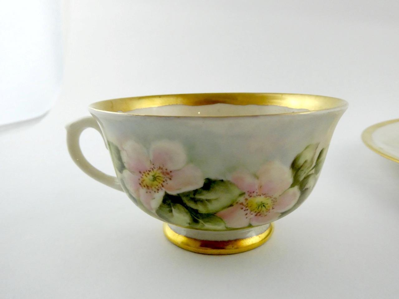 1970s Hand Painted Porcelain 4 Piece Place Setting Apple Blossoms Signed VGOOD