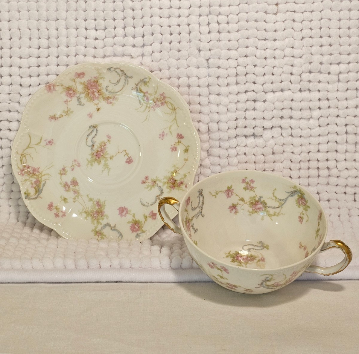 Bouillon cups w/ saucers, set of three, vintage china, Haviland, Cauldon, Pouyat