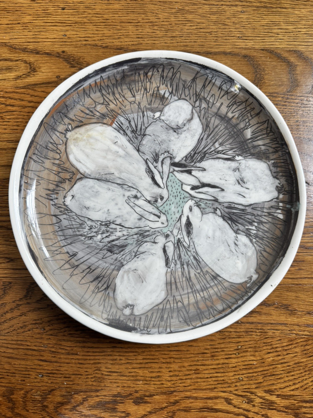 Rare Jenny Lind (Masterson) 1994 Studio Art Pottery Rabbit Plate Rainbow Gate