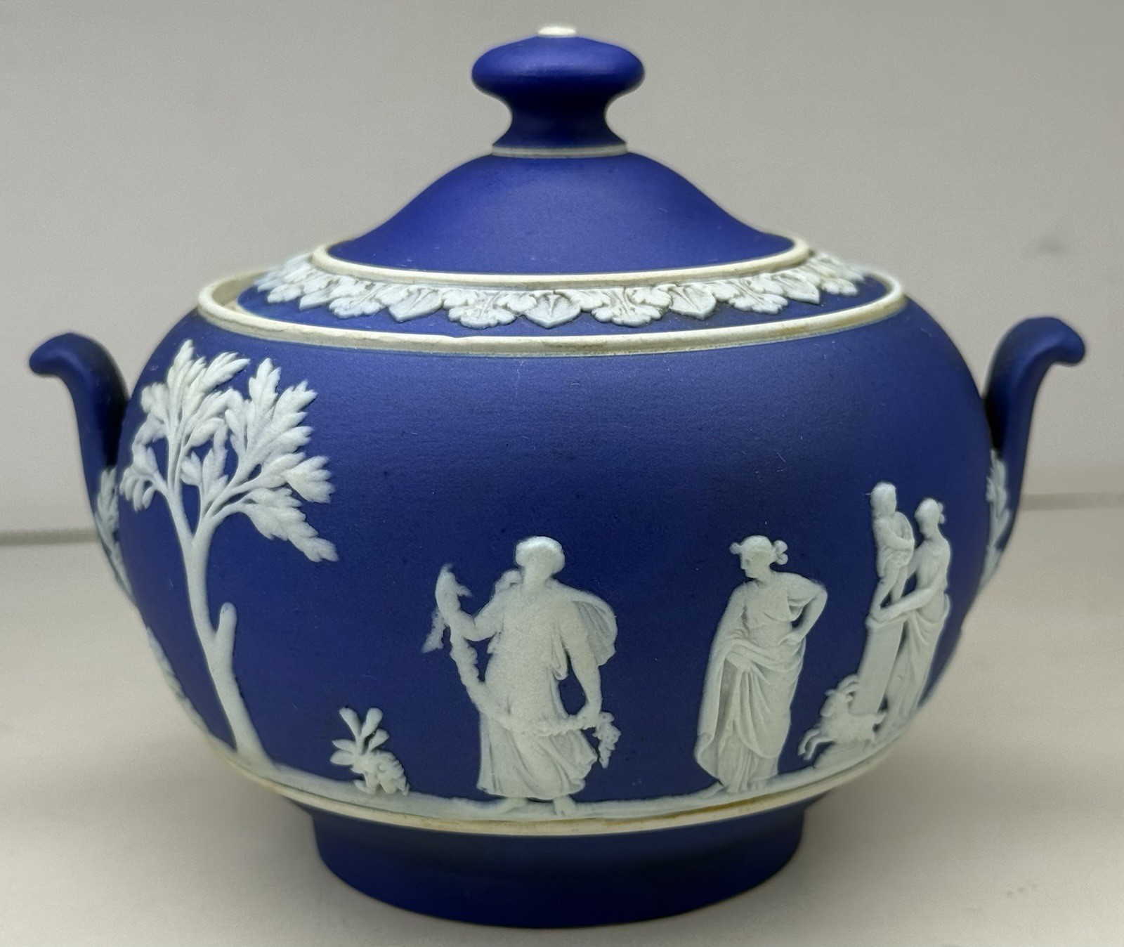 Antique 1880 Wedgwood Cobalt Blue Jasperware Neoclassical Nymphs Scene Tea Set