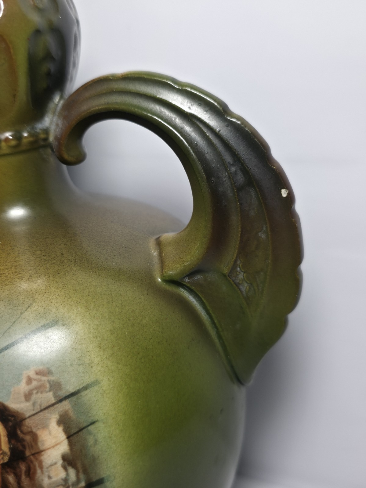Antique Decorated Porcelain Dual Handle Pitcher Signed w/ Griffin El Unico Logo