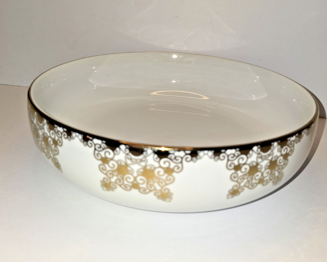 Holiday Home White Porcelain Serving Bowl With Gold Rim/ Gold Design 11”x3″