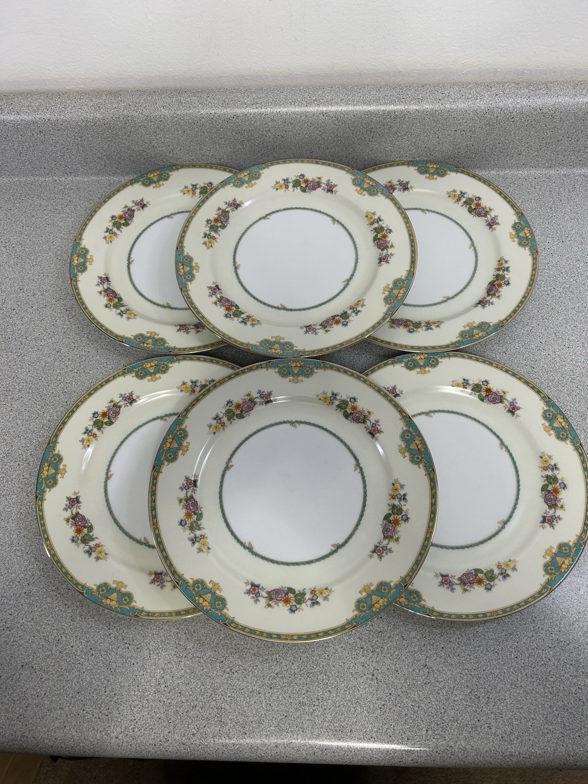 Meito Japan China Madrid Dinner Plate Set 6 Plates ~ Gold Rim Multicolored