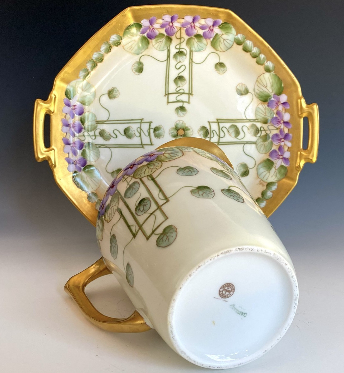 PICKARD ANTIQUES HAND PAINTED “VIOLETS IN PANEL” PITCHER ARTIST SIGNED
