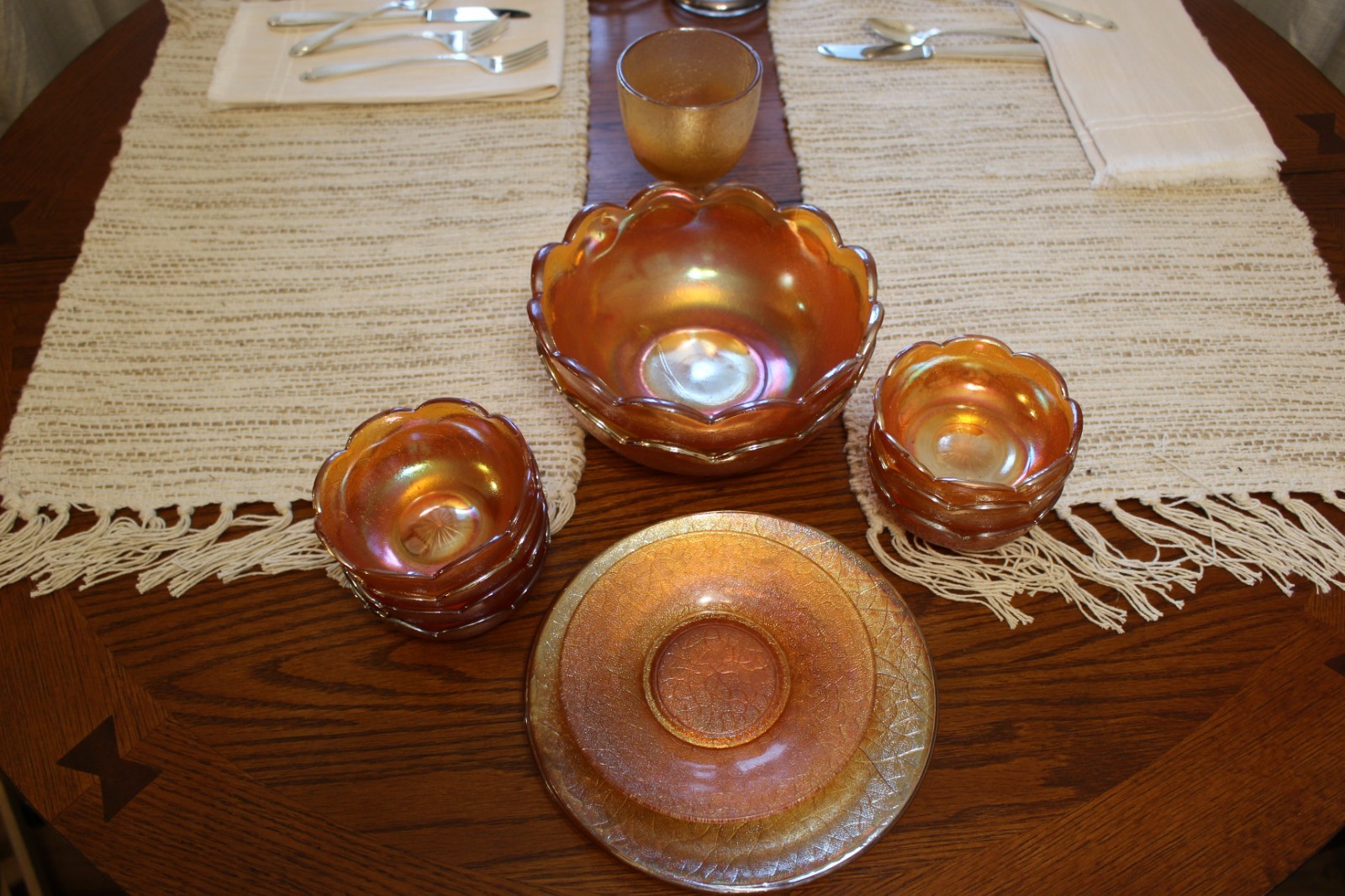 Jeannette Crackle Marigold Carnival Glass Lot Bowls Plates Goblet Candy Dish