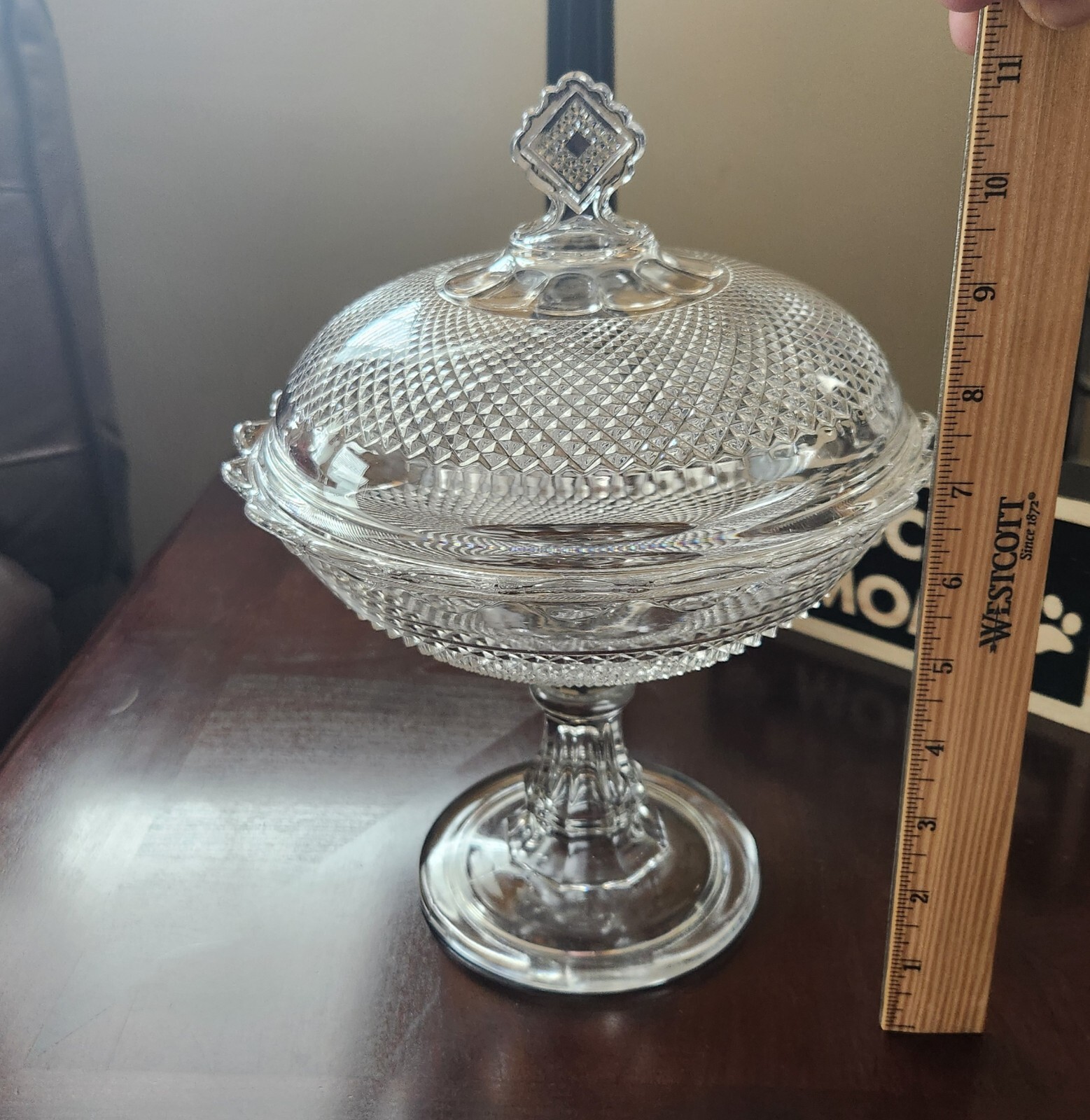 1870s Central Glass Co #439 Diamond Point Footed Glass Compote Comport With Lid