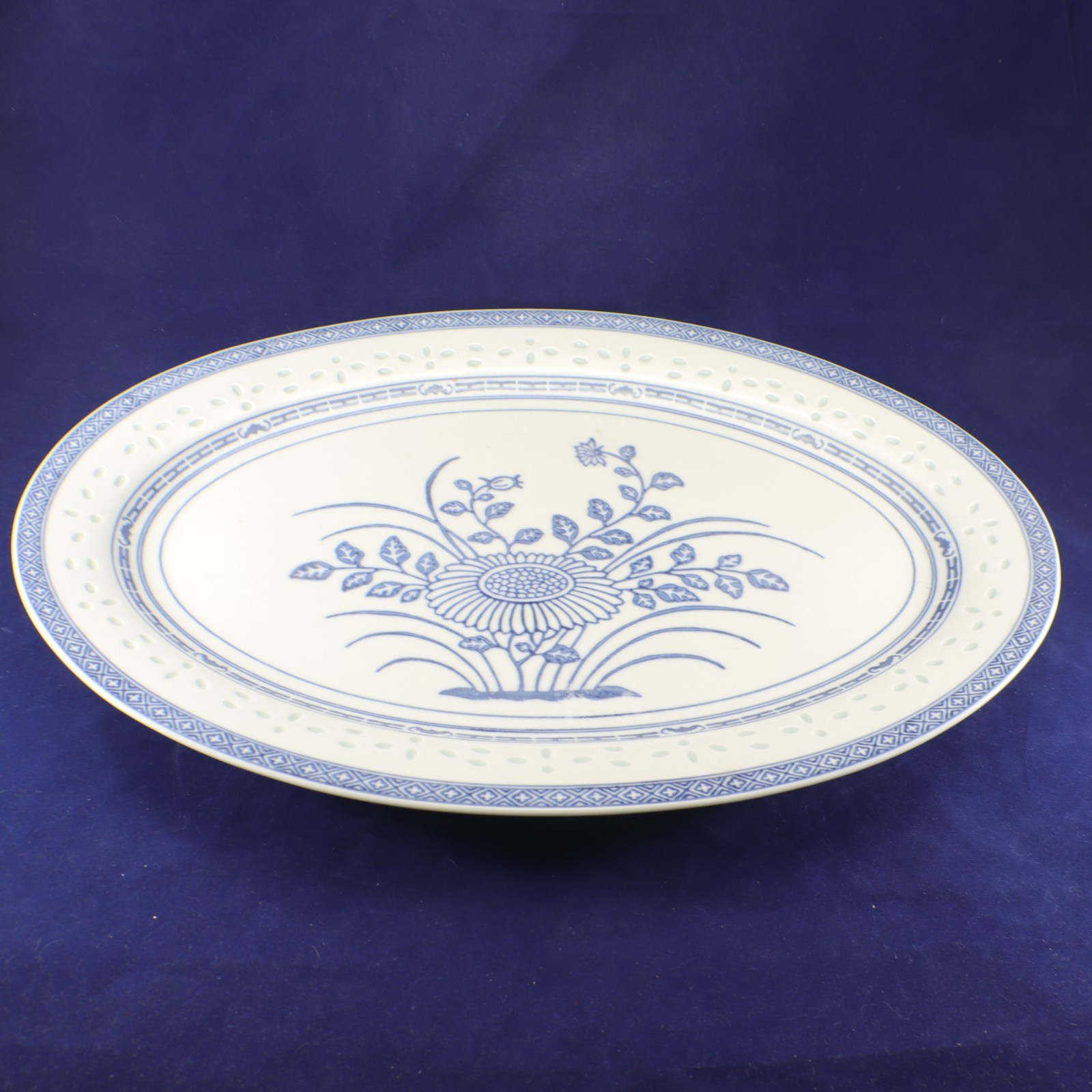 Tienshan Rice Flower Large SERVING PLATTER 15.5 x11″ Blue White Translucent Vtg