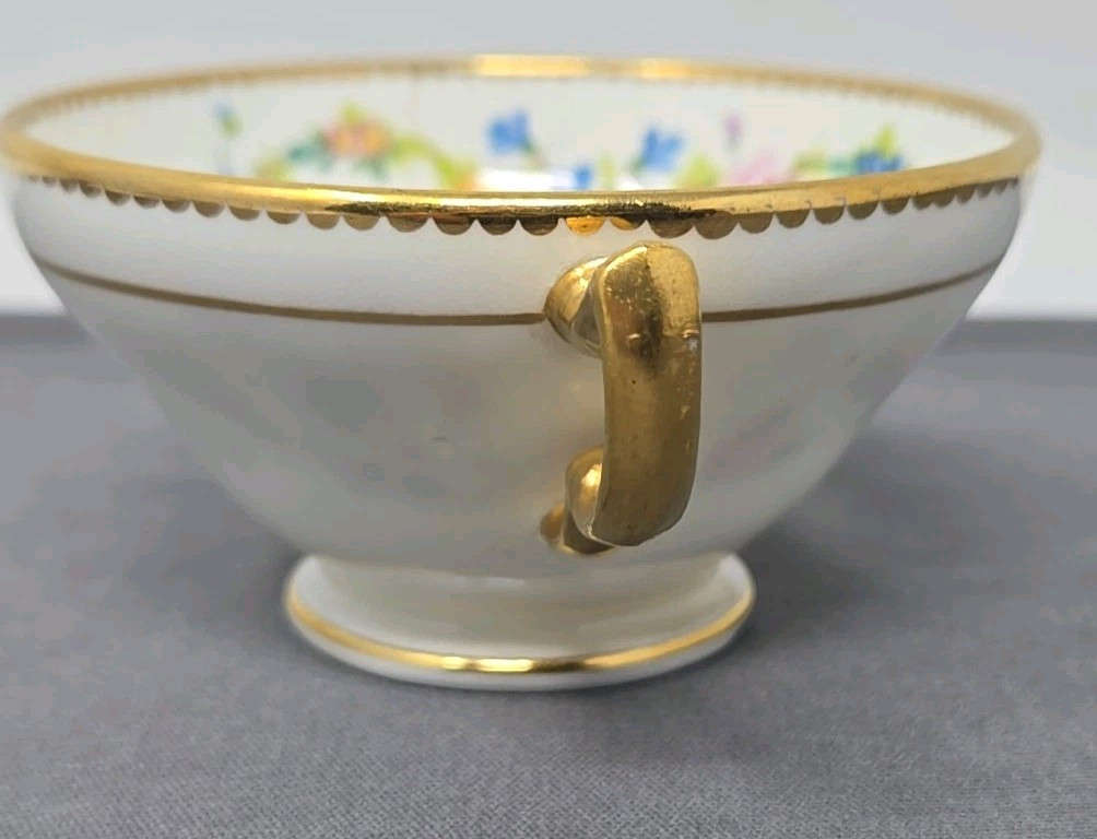 Minton Demitasse Cup Saucer H1100 Floral, Gold Border C. 1905