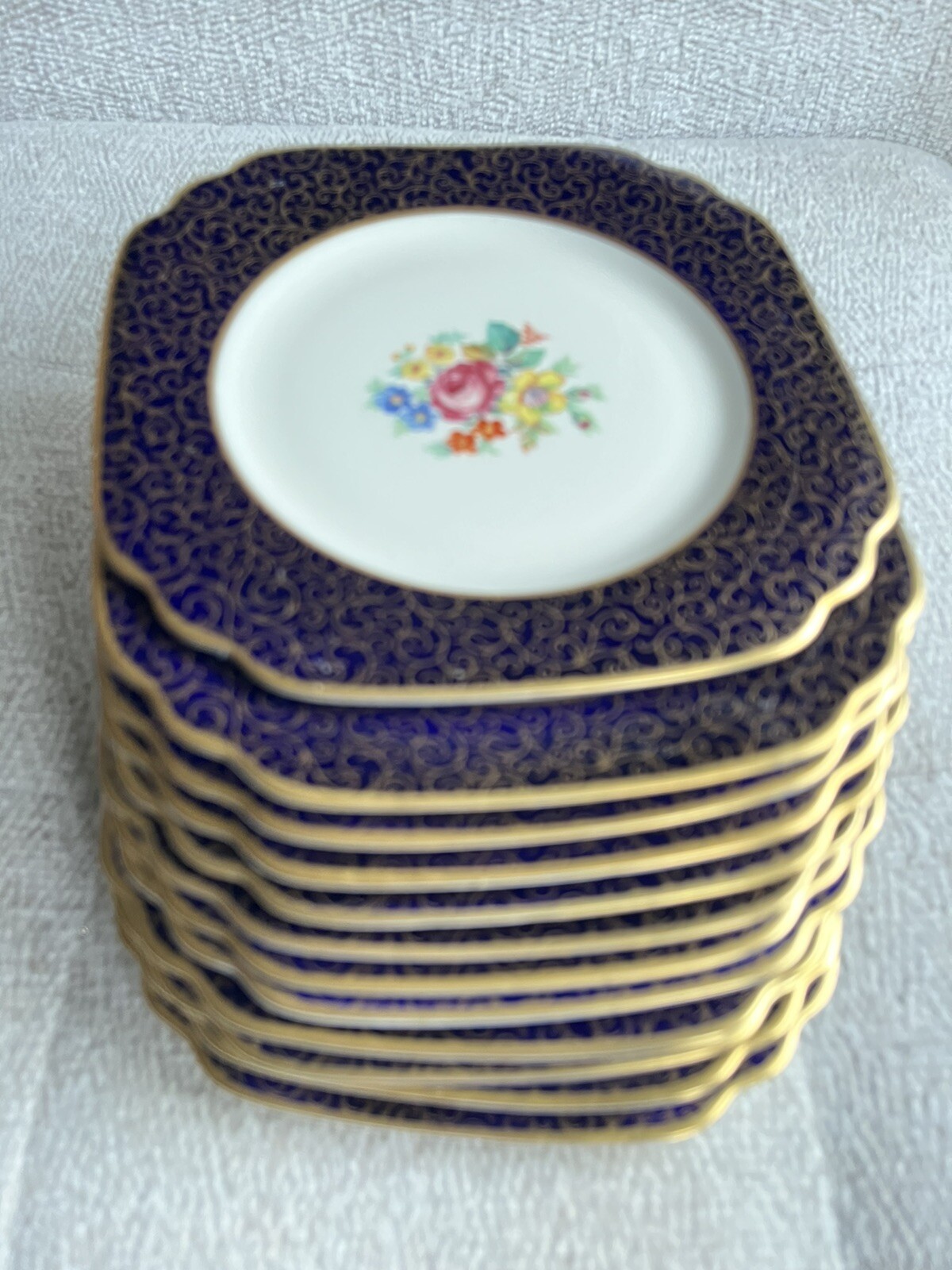 12 Old Ivory Syracuse Square Salad Plates 8-1/8″ Cobalt Blue Gold Encrusted. NEW