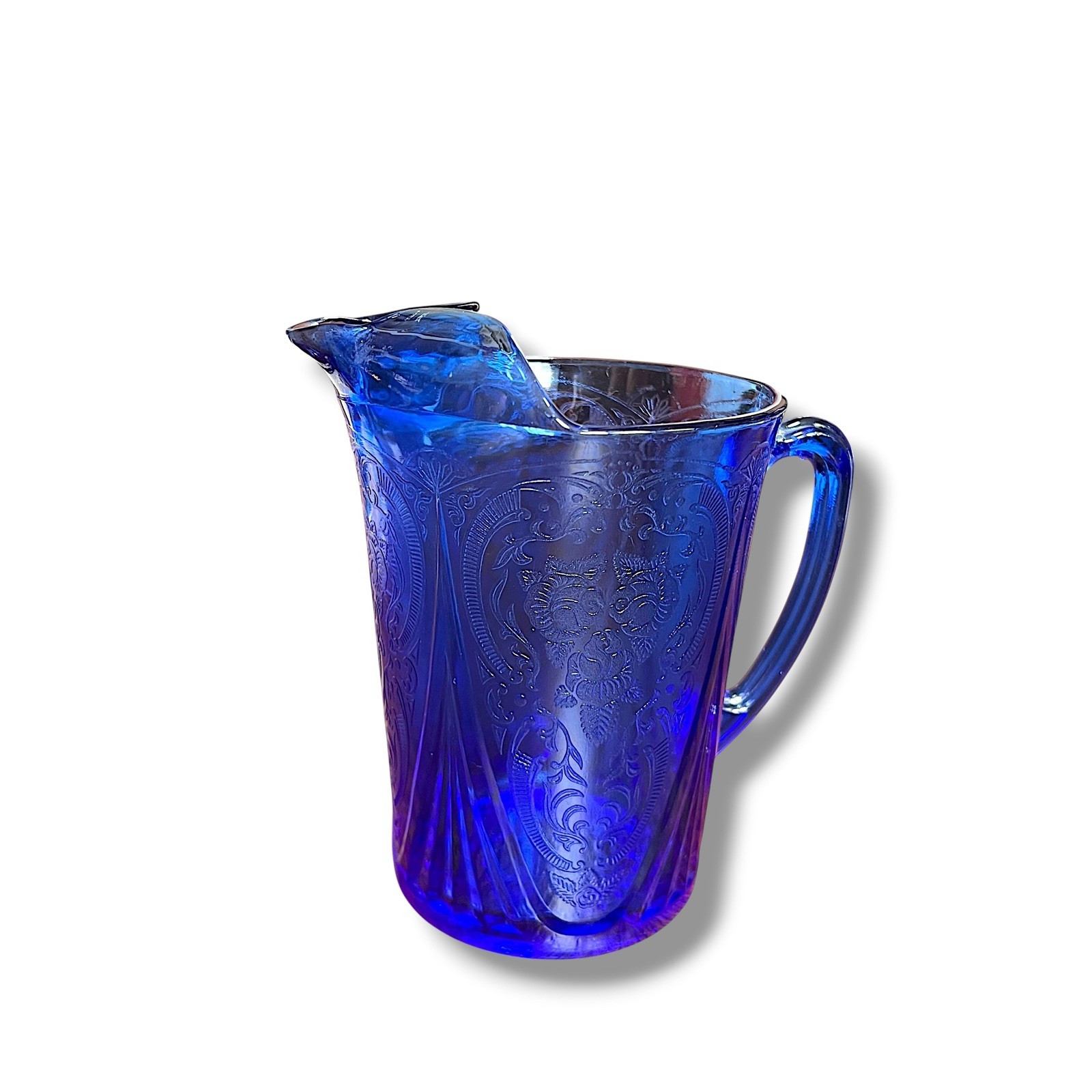1930s Hazel Atlas Royal Lace Cobalt Blue Depression Glass Pitcher 7 1/2” Tall